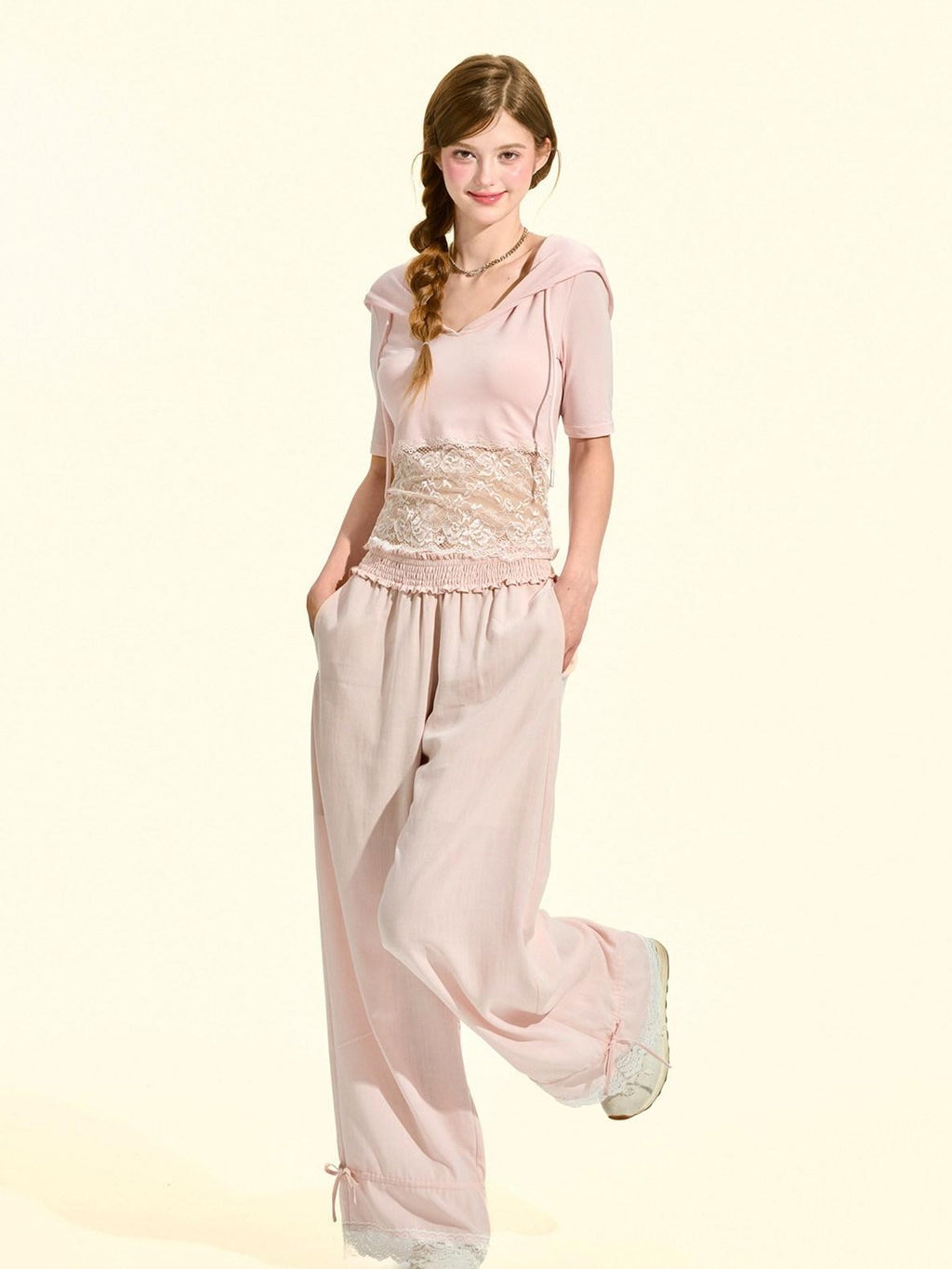 Girly Fancy Club Blush Pink Lace Trim Elastic Waist Women's Tencel Straight-leg Pants
