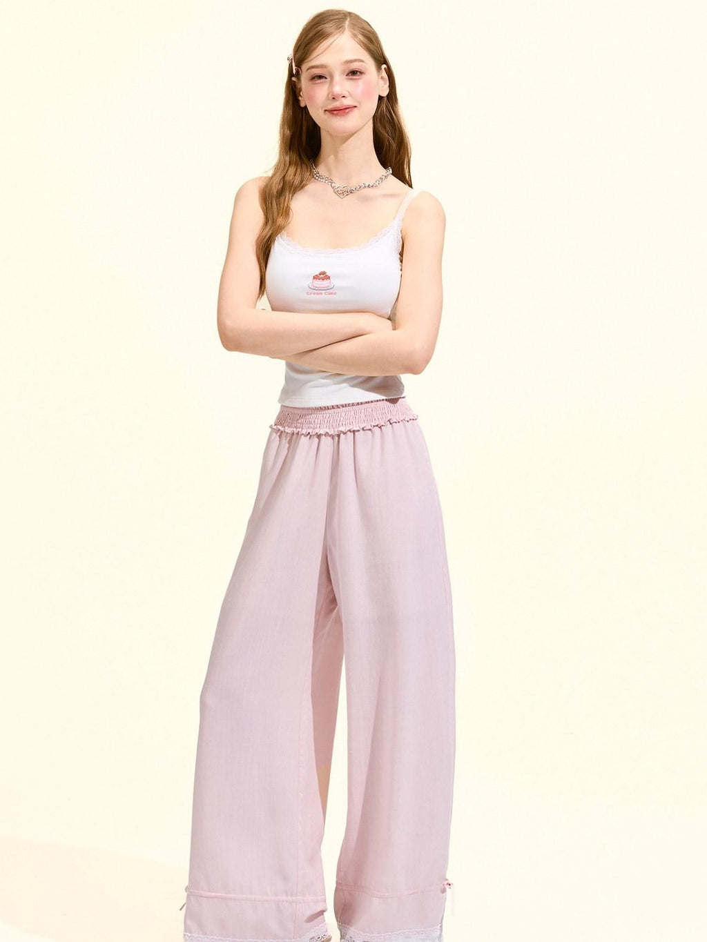 Girly Fancy Club Blush Pink Lace Trim Elastic Waist Women's Tencel Straight-leg Pants