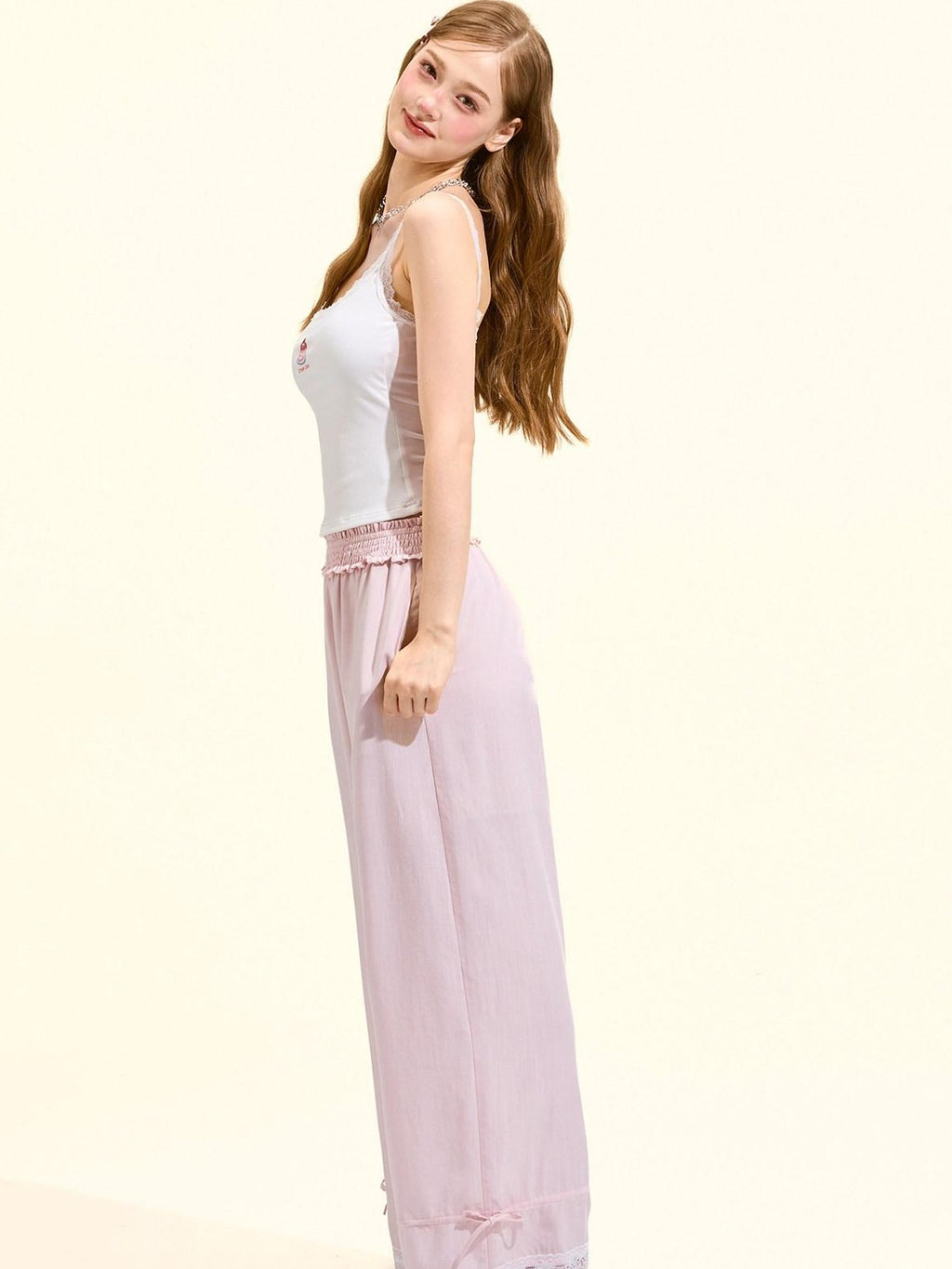 Girly Fancy Club Blush Pink Lace Trim Elastic Waist Women's Tencel Straight-leg Pants