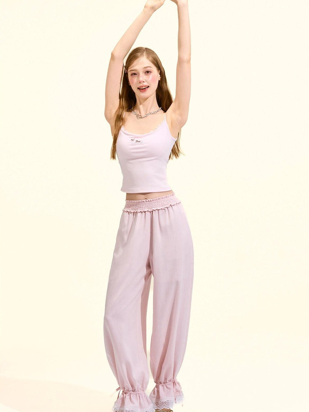 Girly Fancy Club Blush Pink Lace Trim Elastic Waist Women's Tencel Straight-leg Pants