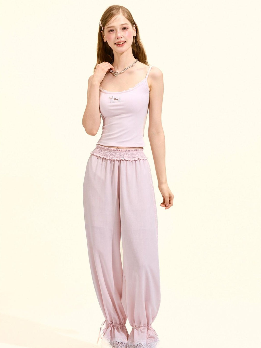 Girly Fancy Club Blush Pink Lace Trim Elastic Waist Women's Tencel Straight-leg Pants