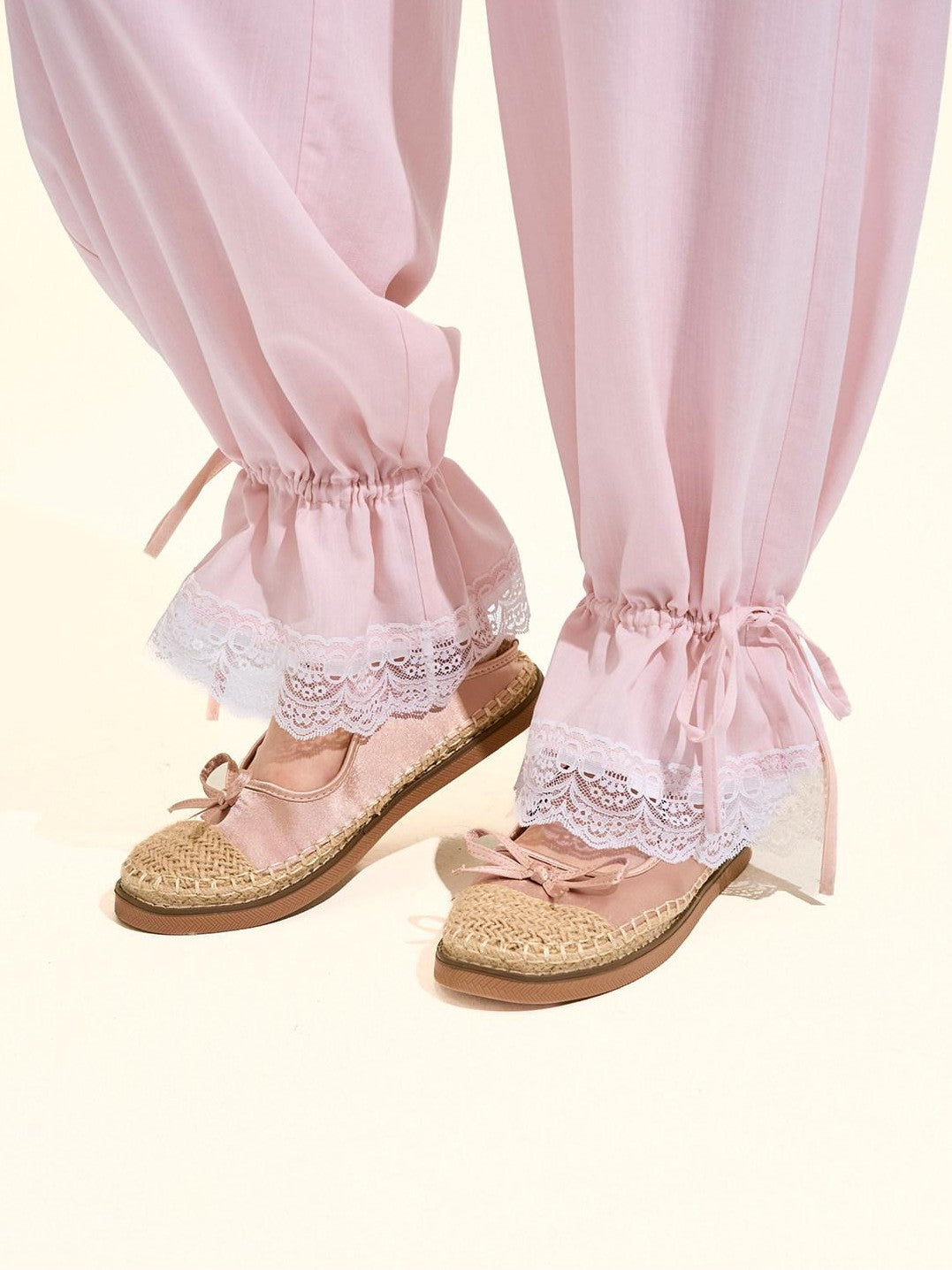 Girly Fancy Club Blush Pink Lace Trim Elastic Waist Women's Tencel Straight-leg Pants