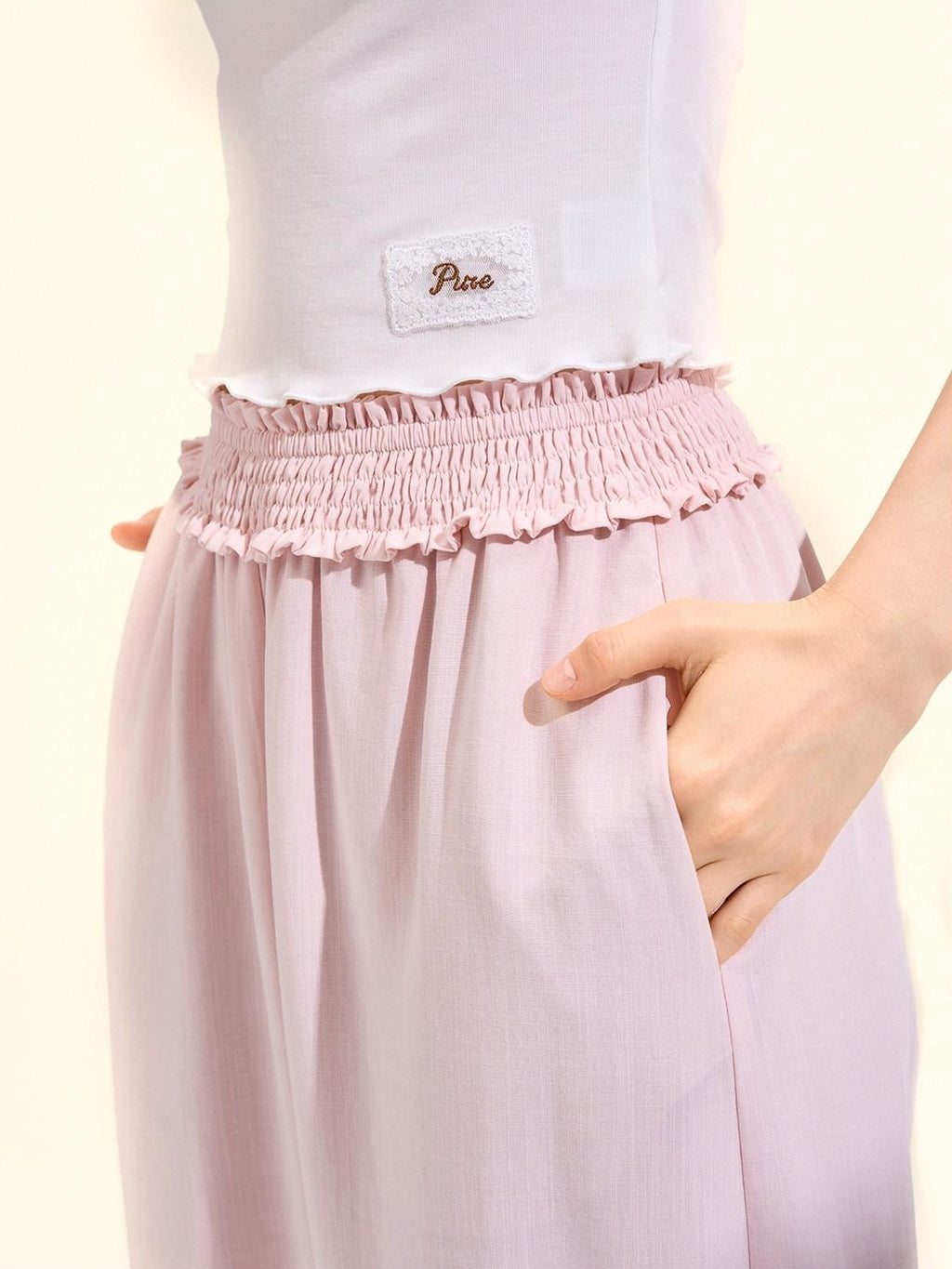 Girly Fancy Club Blush Pink Lace Trim Elastic Waist Women's Tencel Straight-leg Pants
