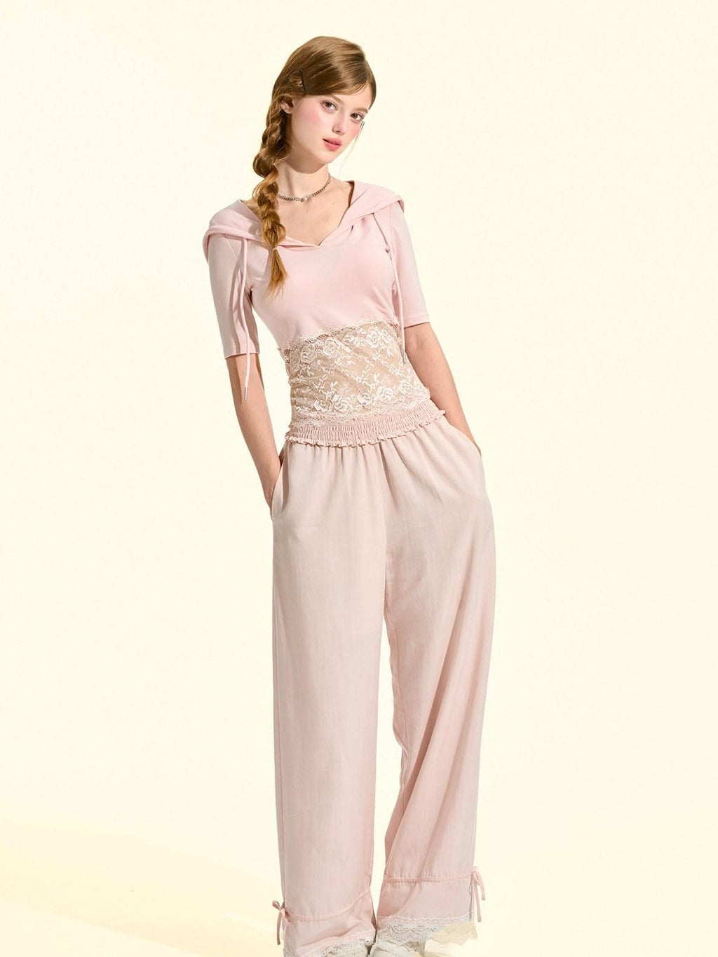 Girly Fancy Club Blush Pink Lace Trim Elastic Waist Women's Tencel Straight-leg Pants