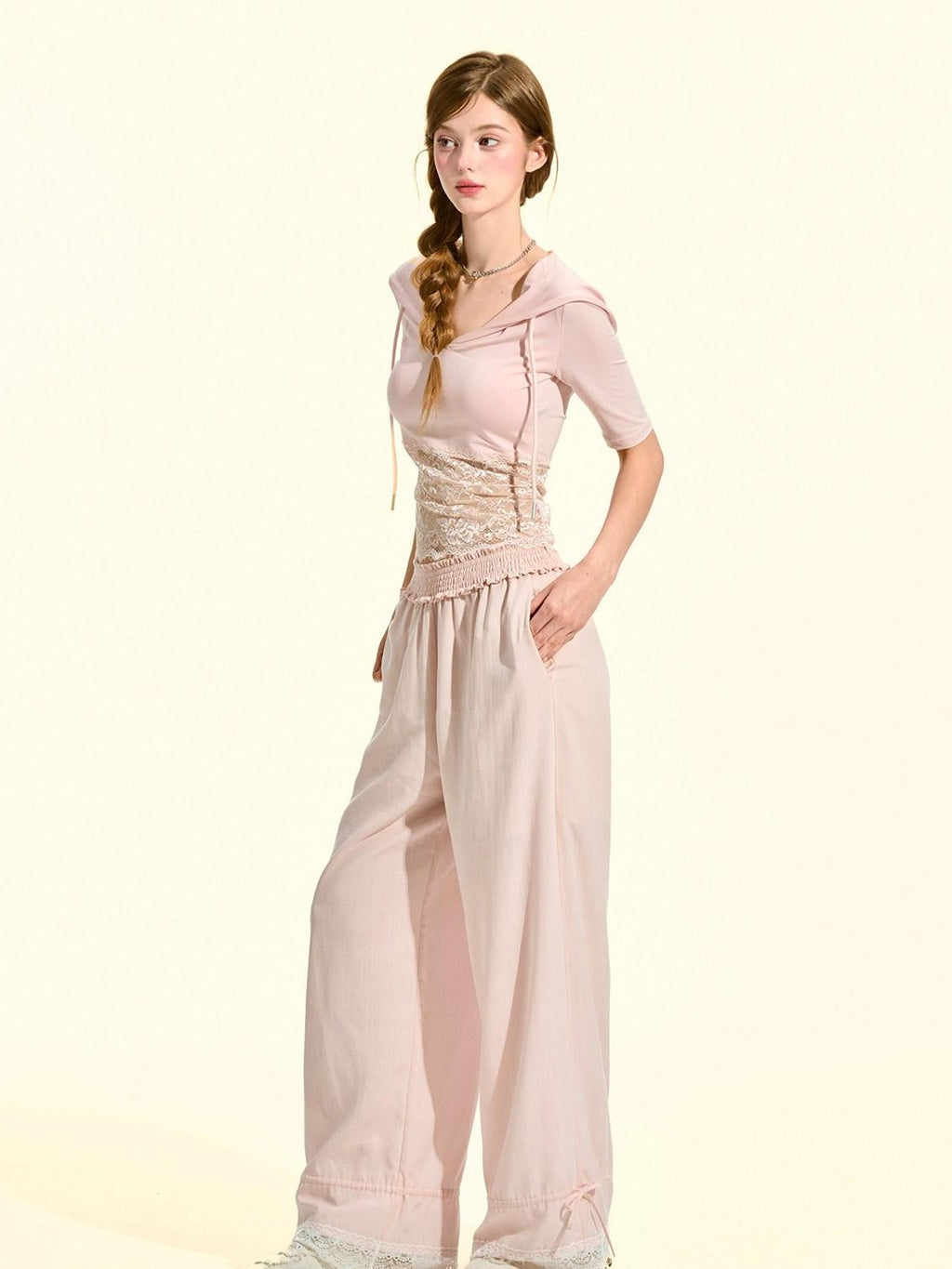 Girly Fancy Club Blush Pink Lace Trim Elastic Waist Women's Tencel Straight-leg Pants