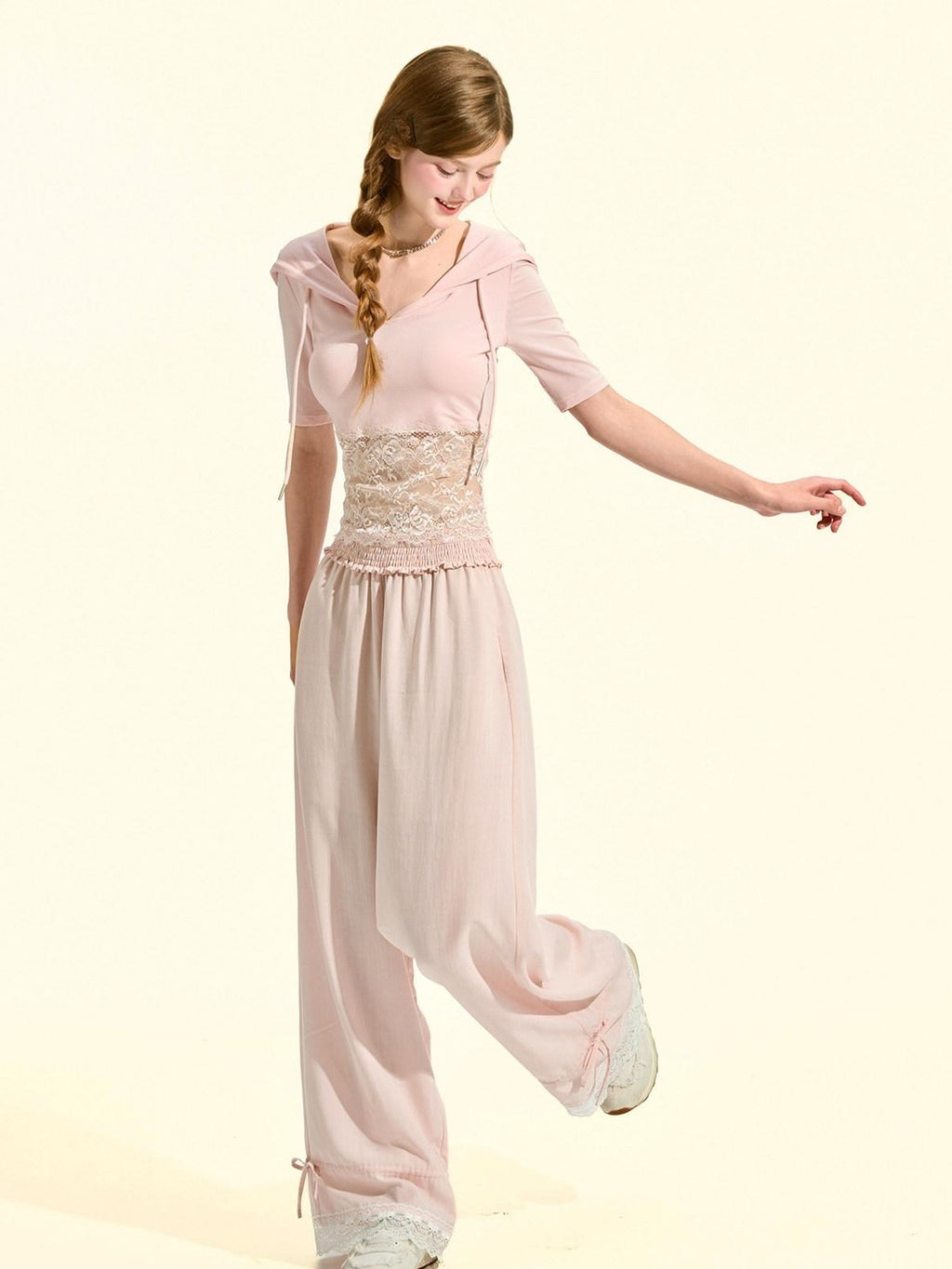 Girly Fancy Club Blush Pink Lace Trim Elastic Waist Women's Tencel Straight-leg Pants