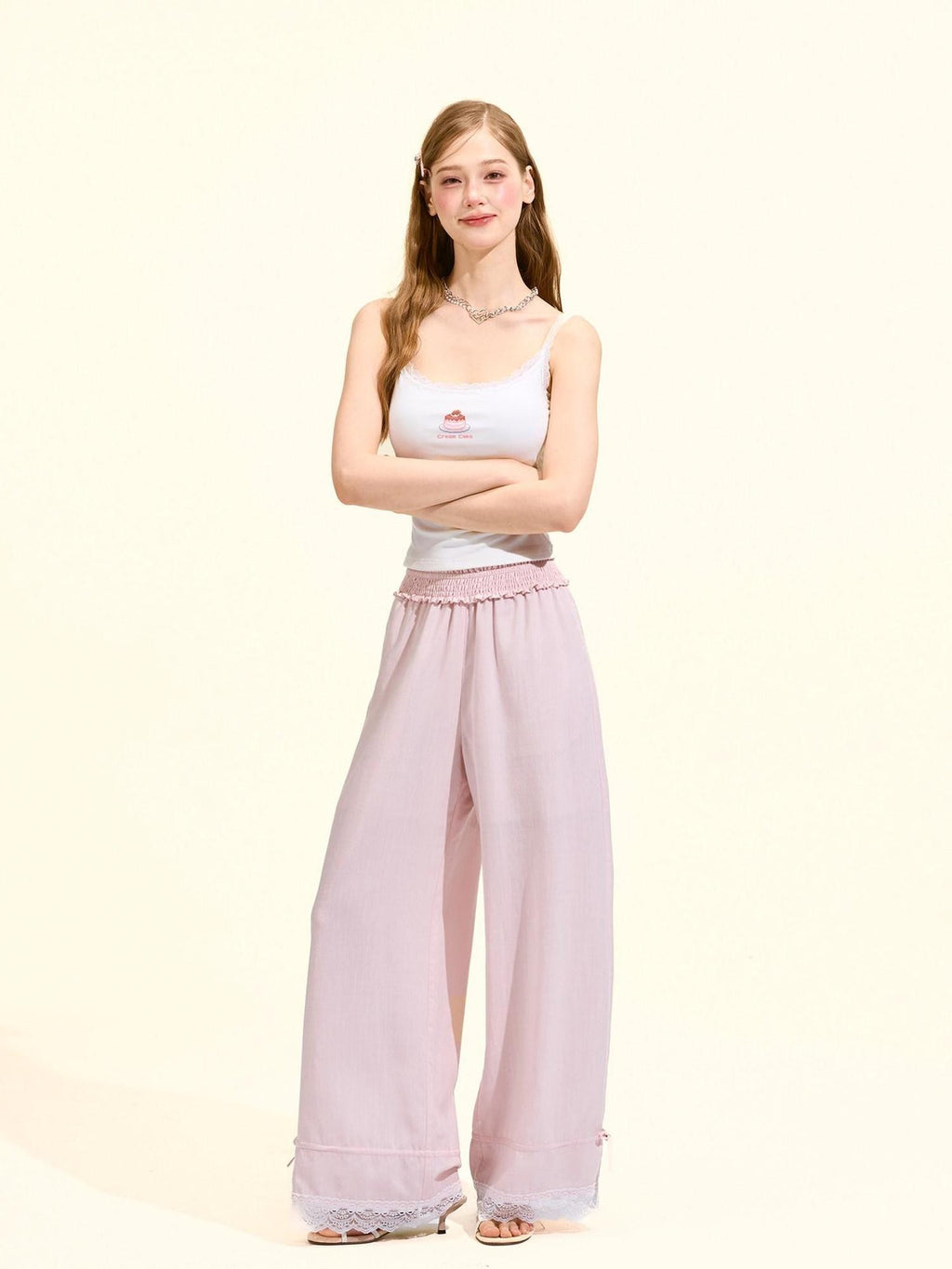 Girly Fancy Club Blush Pink Lace Trim Elastic Waist Women's Tencel Straight-leg Pants