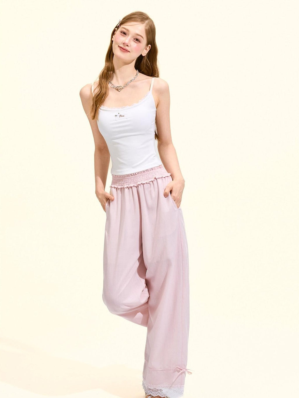 Girly Fancy Club Blush Pink Lace Trim Elastic Waist Women's Tencel Straight-leg Pants