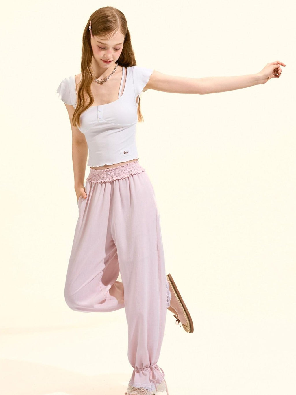 Girly Fancy Club Blush Pink Lace Trim Elastic Waist Women's Tencel Straight-leg Pants