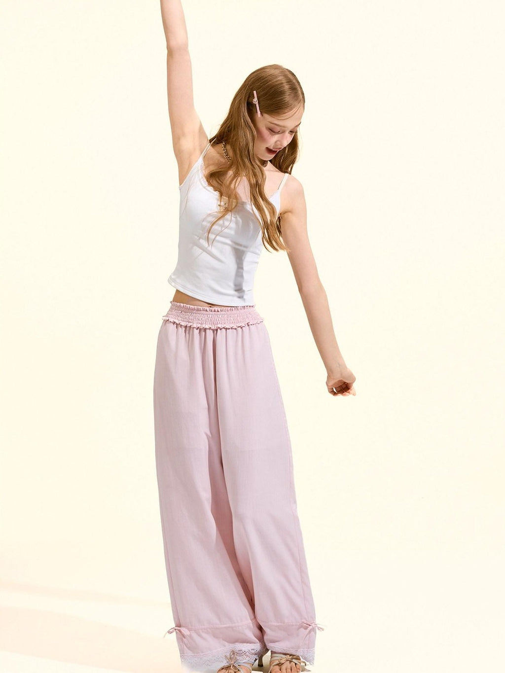 Girly Fancy Club Blush Pink Lace Trim Elastic Waist Women's Tencel Straight-leg Pants