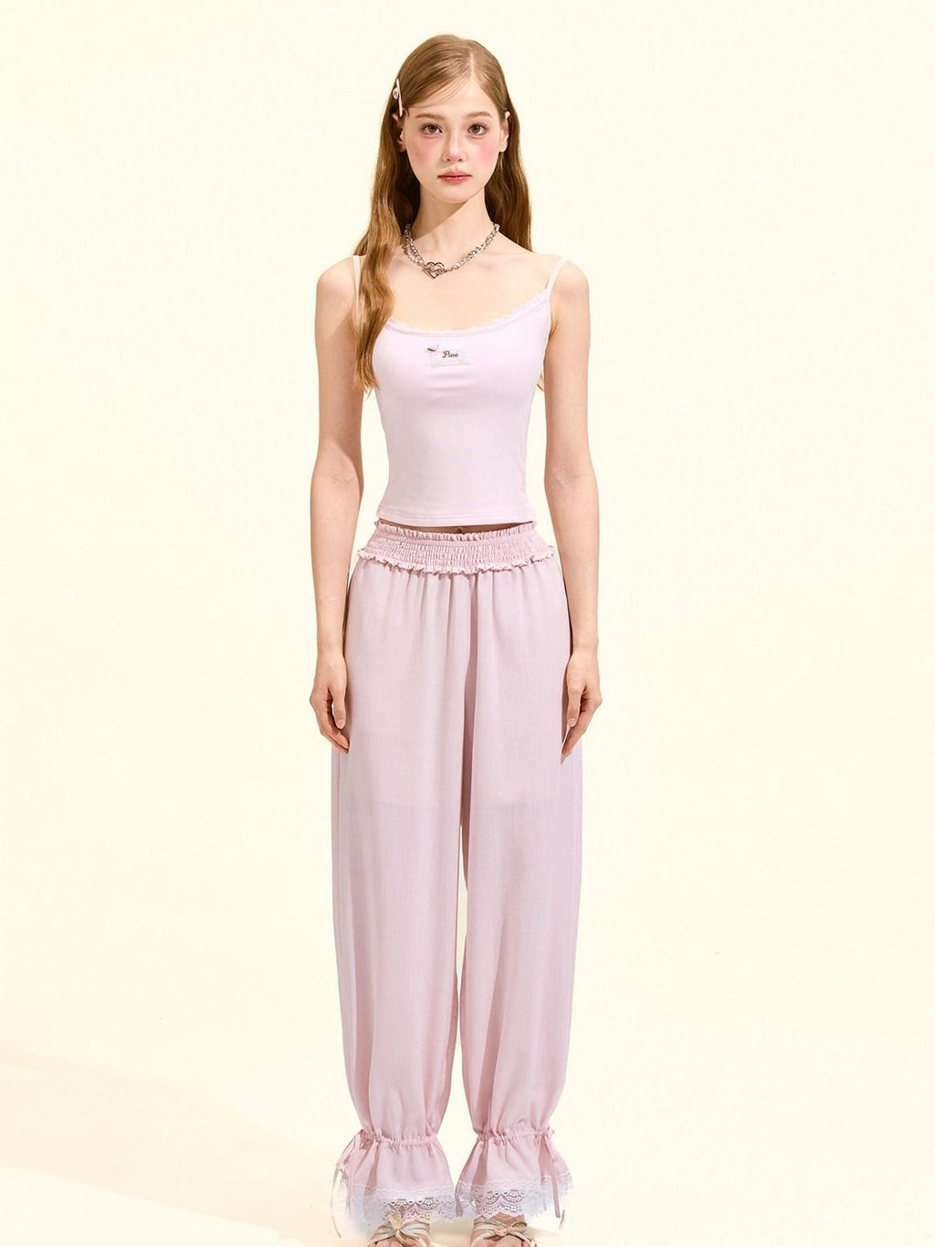 Girly Fancy Club Blush Pink Lace Trim Elastic Waist Women's Tencel Straight-leg Pants