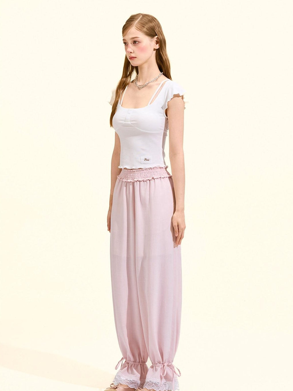 Girly Fancy Club Blush Pink Lace Trim Elastic Waist Women's Tencel Straight-leg Pants