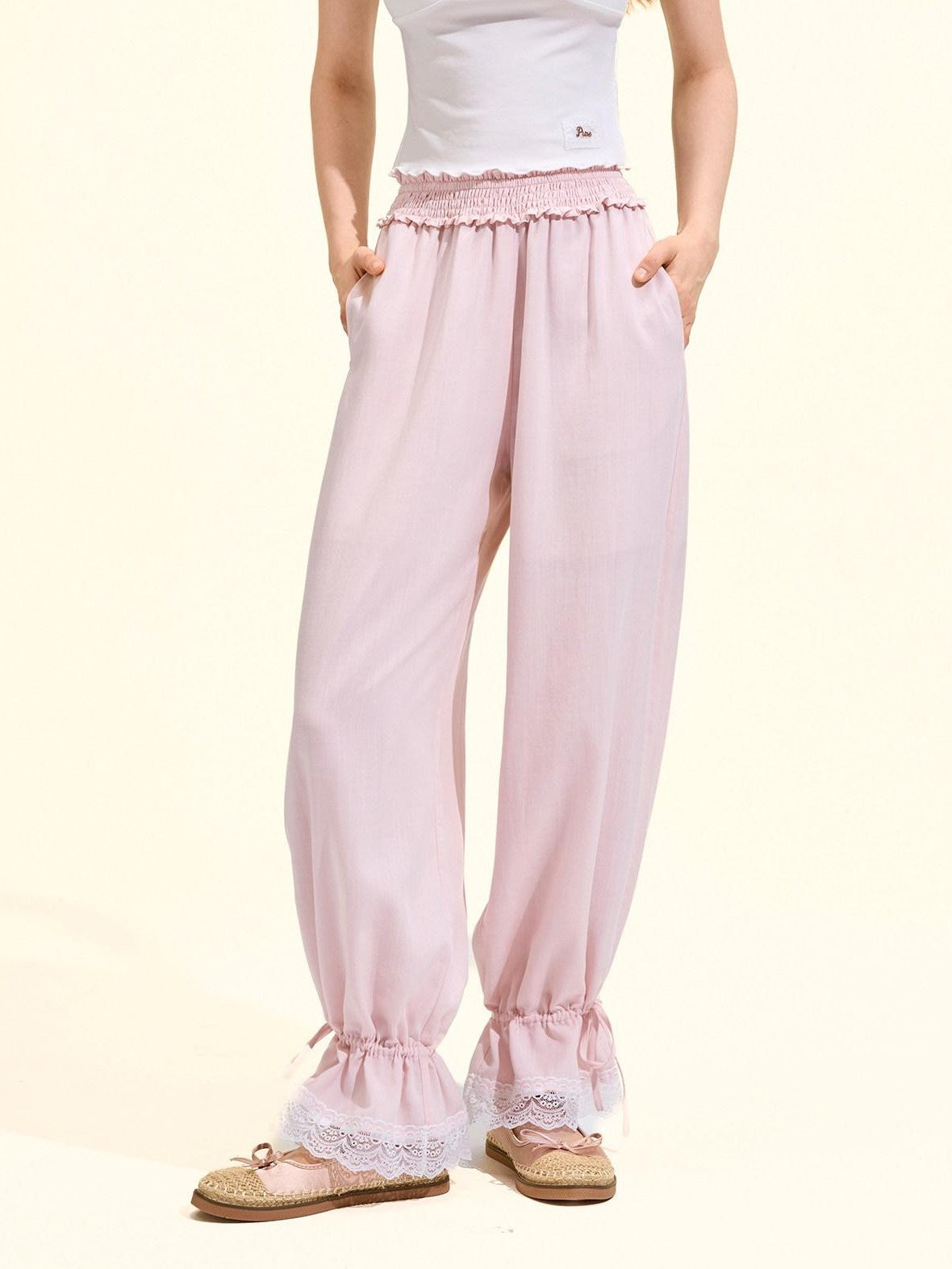 Girly Fancy Club Blush Pink Lace Trim Elastic Waist Women's Tencel Straight-leg Pants