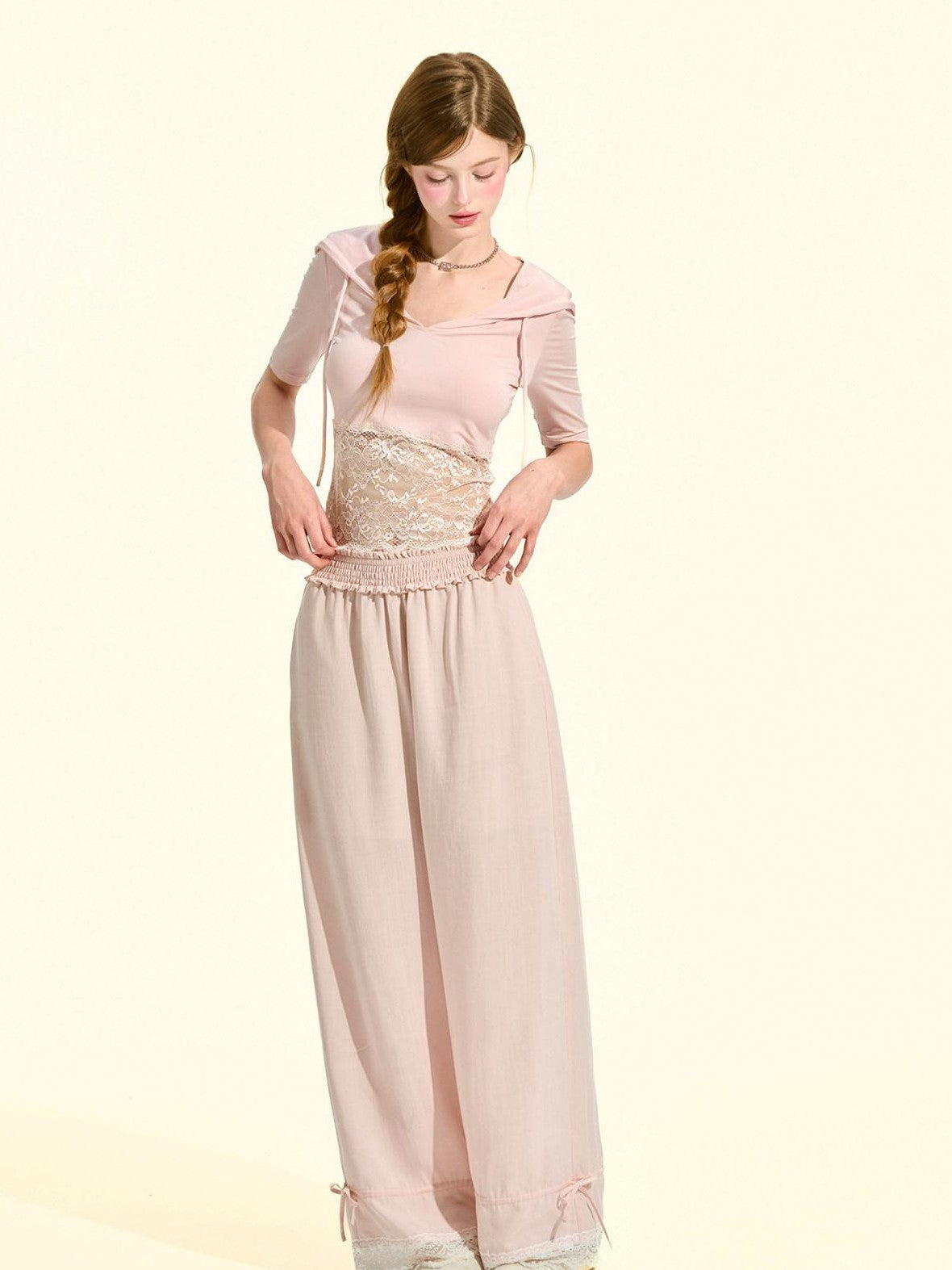 Girly Fancy Club Blush Pink Lace Trim Elastic Waist Women's Tencel Straight-leg Pants