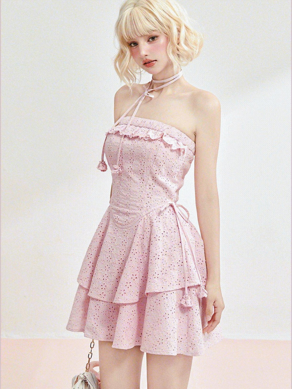 Girly Fancy Club Blush Purple Embroidery Ruching Adjustable Waist Women's Cotton Tube Mini Dresses