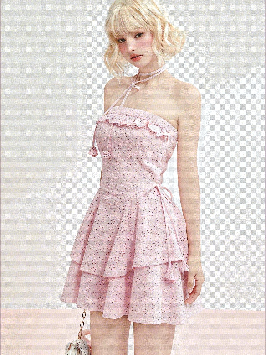 Girly Fancy Club Blush Purple Embroidery Ruching Adjustable Waist Women's Cotton Tube Mini Dresses