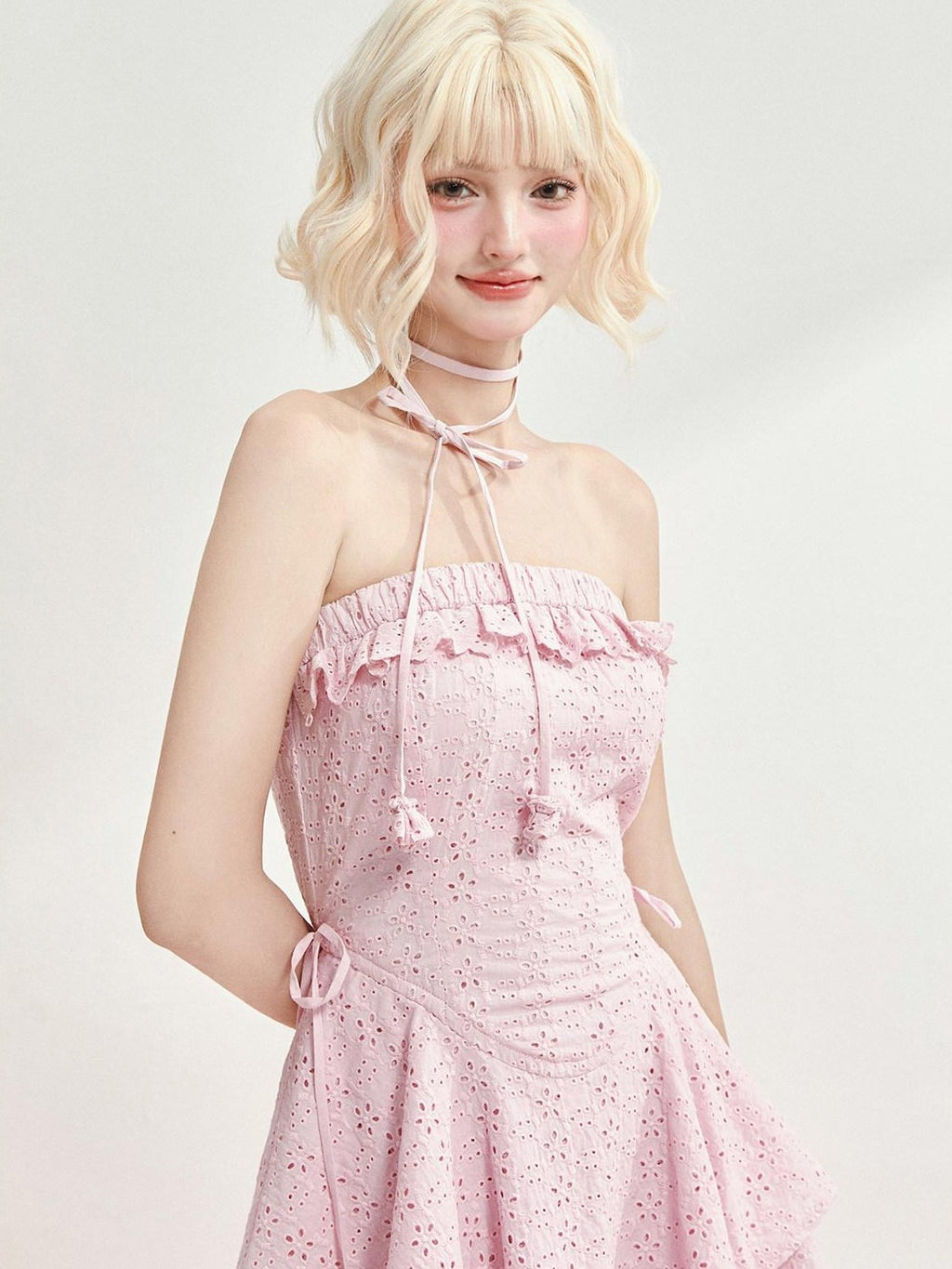 Girly Fancy Club Blush Purple Embroidery Ruching Adjustable Waist Women's Cotton Tube Mini Dresses