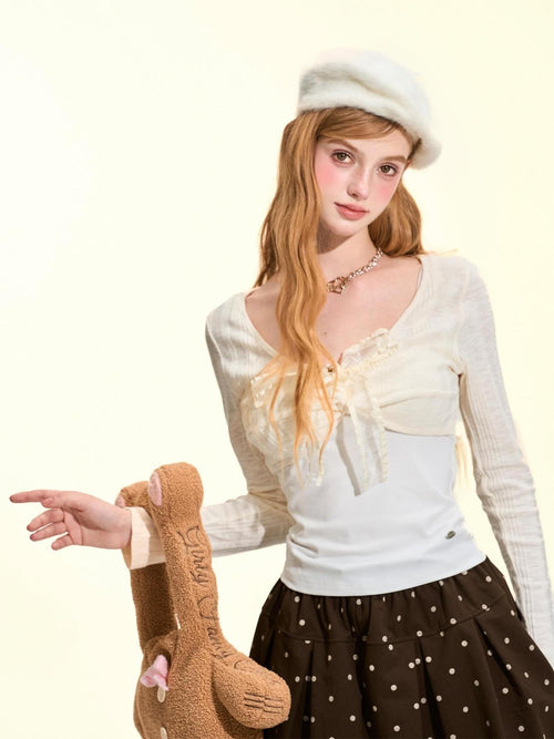 Girly Fancy Club Bow Lace V-neck Slim Fit Color Block Women's Cotton Blend Long Sleeve T-shirts