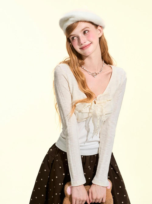Girly Fancy Club Bow Lace V-neck Slim Fit Color Block Women's Cotton Blend Long Sleeve T-shirts