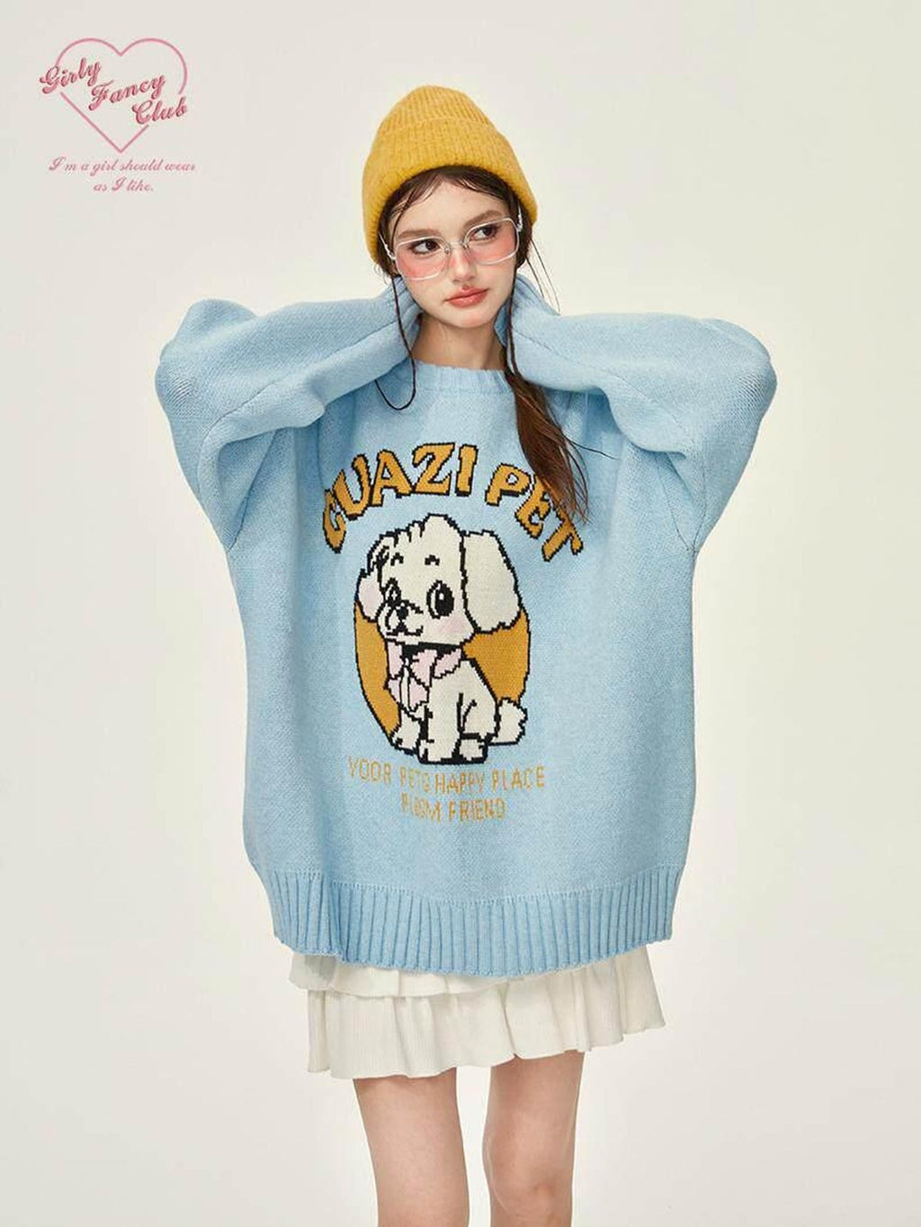 Girly Fancy Club Cartoon Dog Print Knitted Oversized Thick Pullover Women's Blended Sweaters