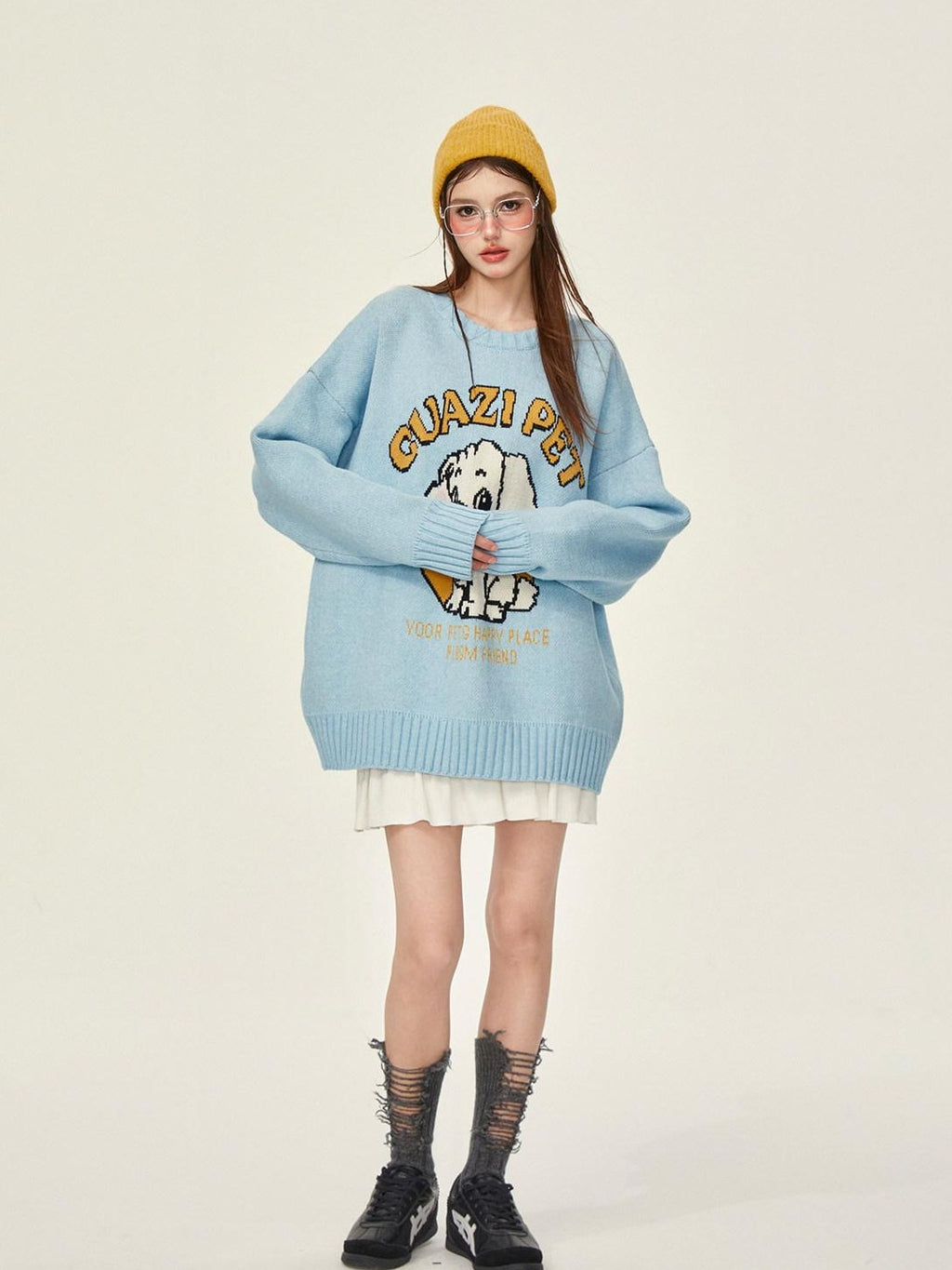Girly Fancy Club Cartoon Dog Print Knitted Oversized Thick Pullover Women's Blended Sweaters