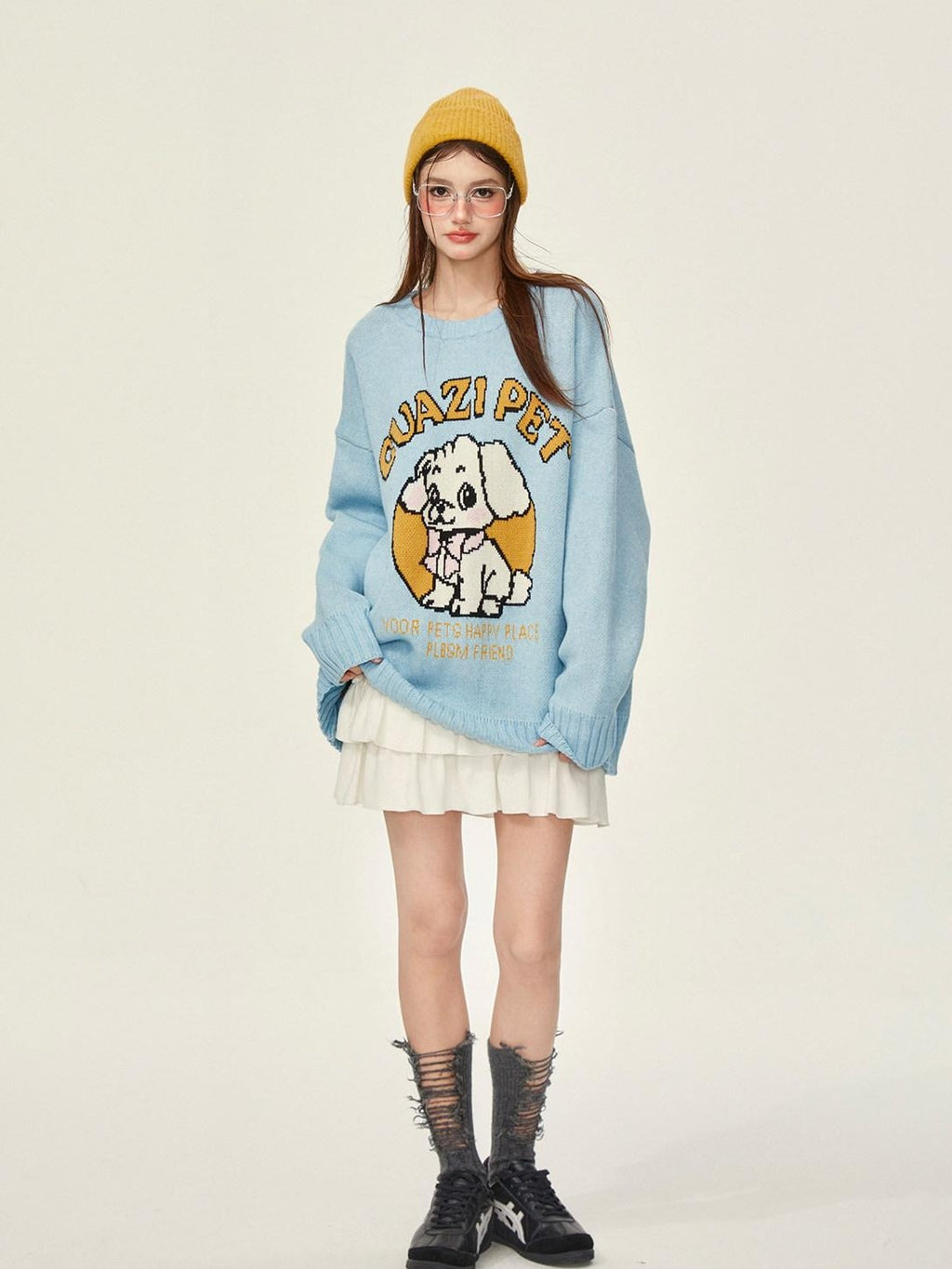 Girly Fancy Club Cartoon Dog Print Knitted Oversized Thick Pullover Women's Blended Sweaters