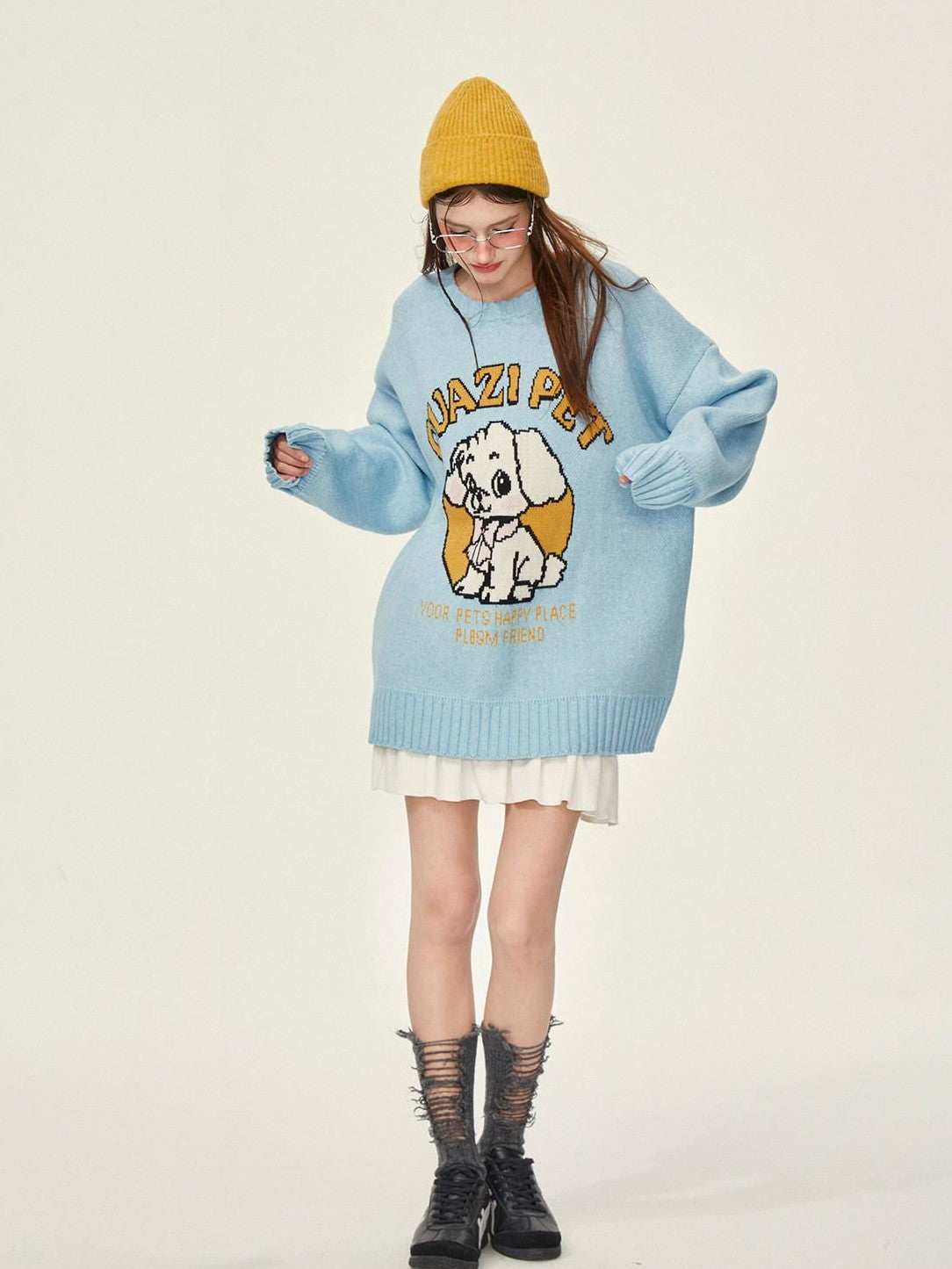 Girly Fancy Club Cartoon Dog Print Knitted Oversized Thick Pullover Women's Blended Sweaters
