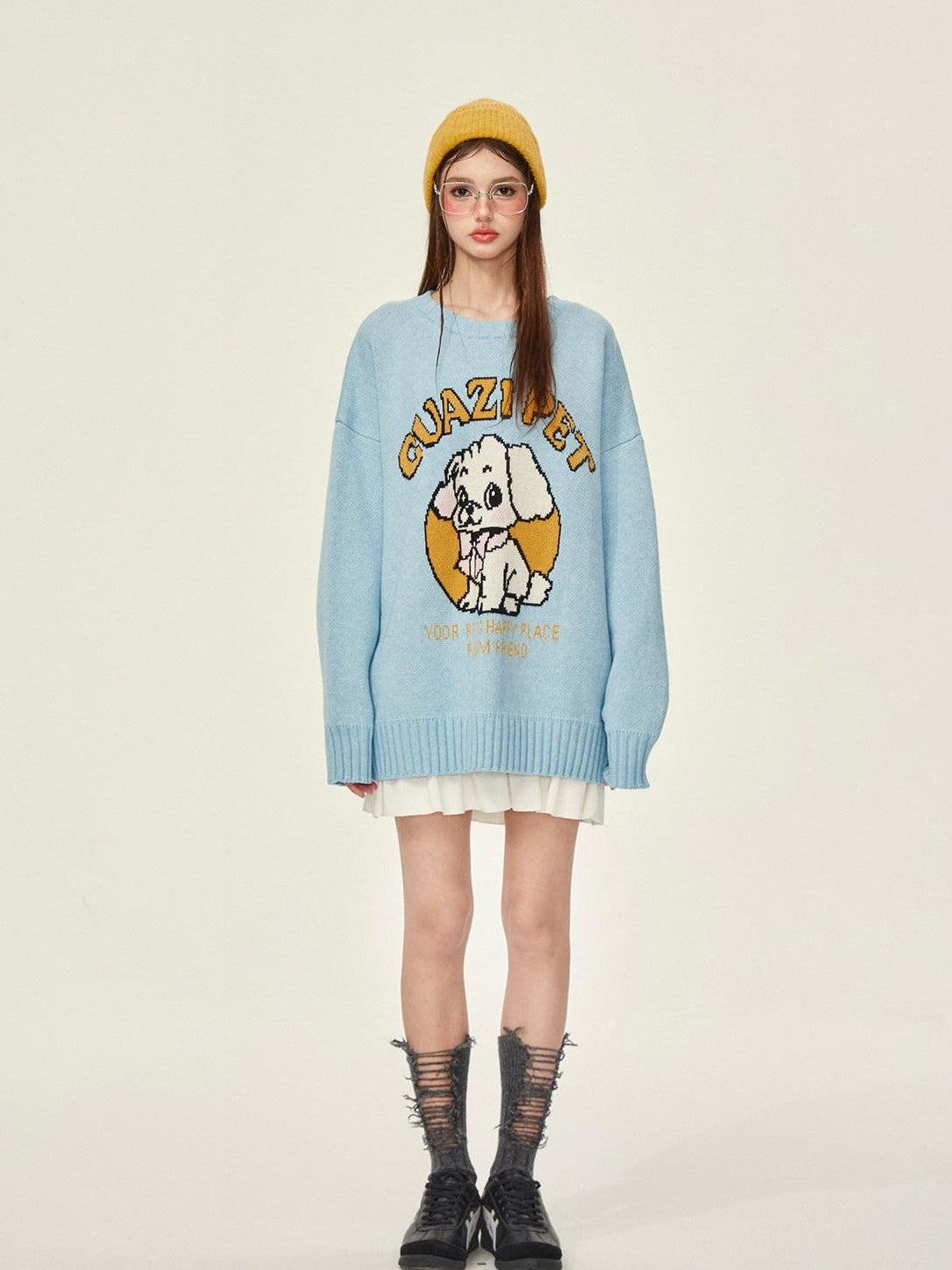 Girly Fancy Club Cartoon Dog Print Knitted Oversized Thick Pullover Women's Blended Sweaters