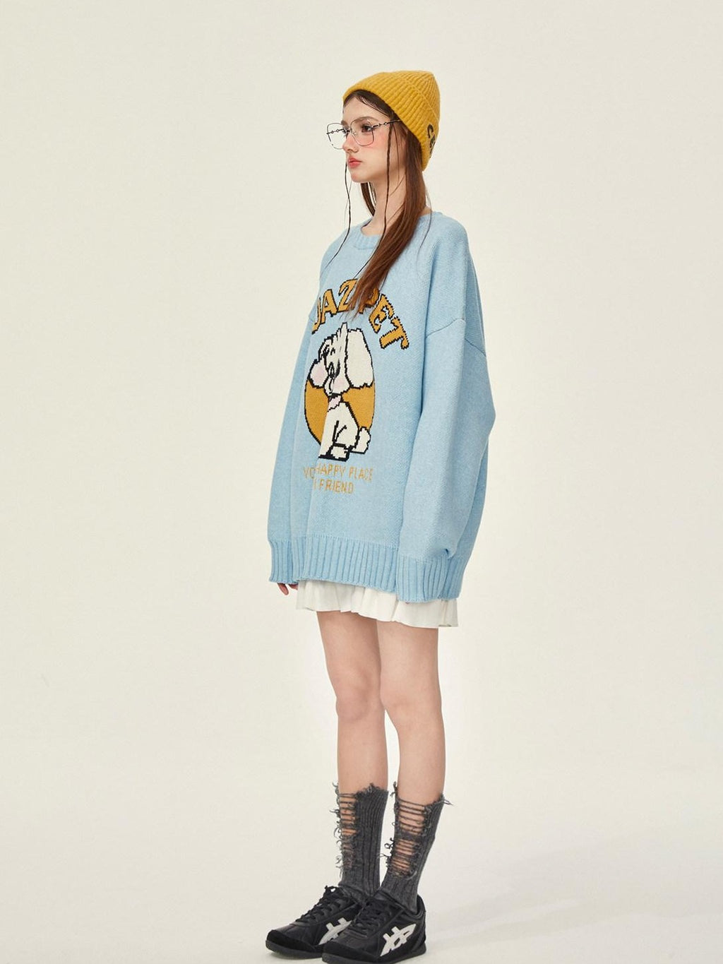 Girly Fancy Club Cartoon Dog Print Knitted Oversized Thick Pullover Women's Blended Sweaters