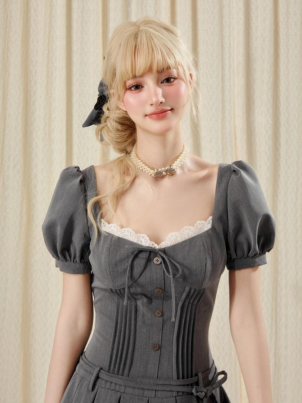 Girly Fancy Club Cement Gray Lace Pleated Square Neck Women's Polyester Corset Mini Dresses