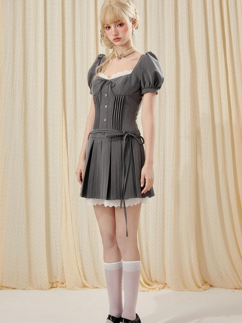 Girly Fancy Club Cement Gray Lace Pleated Square Neck Women's Polyester Corset Mini Dresses