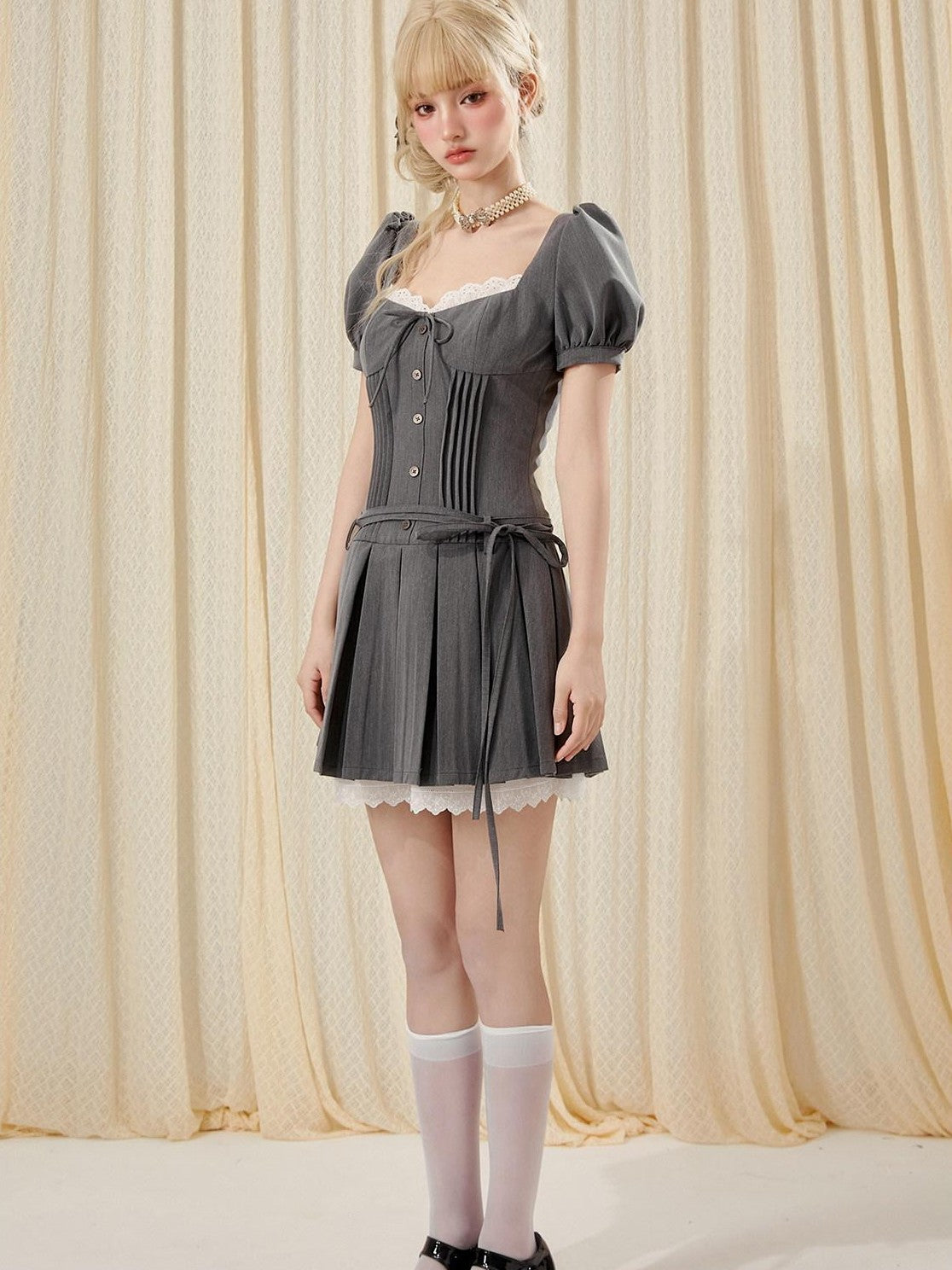 Girly Fancy Club Cement Gray Lace Pleated Square Neck Women's Polyester Corset Mini Dresses