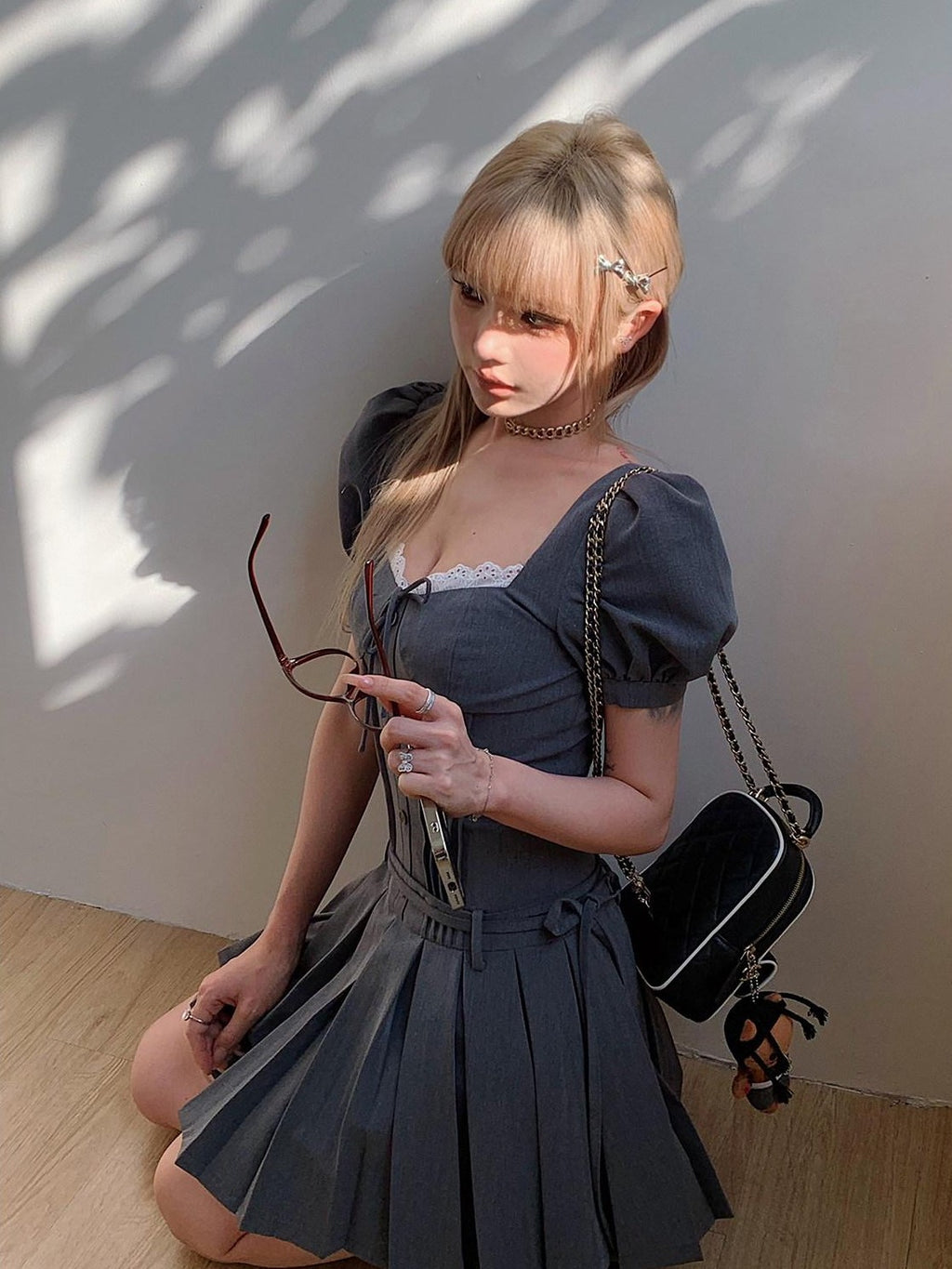 Girly Fancy Club Cement Gray Lace Pleated Square Neck Women's Polyester Corset Mini Dresses
