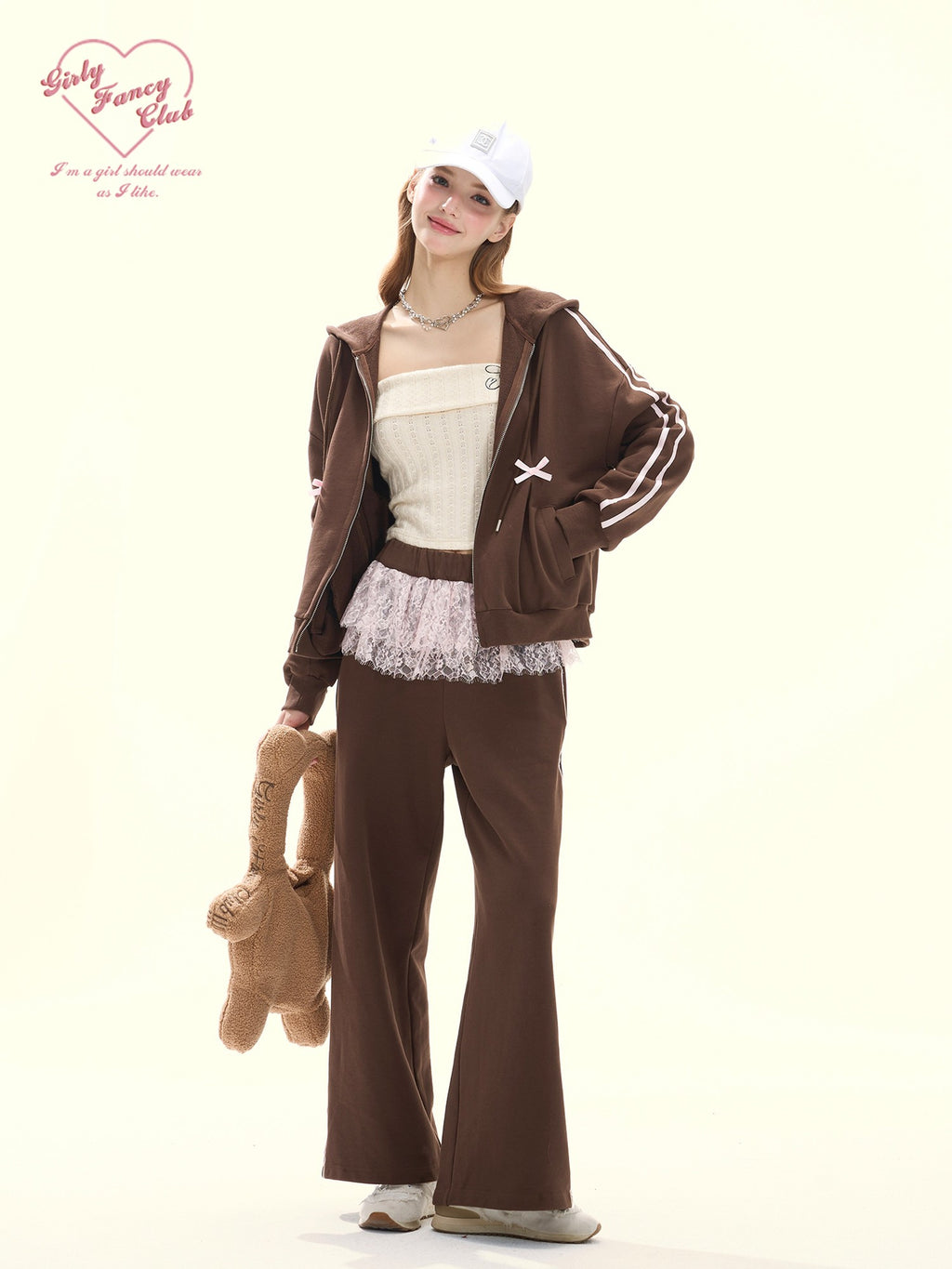 Girly Fancy Club Chocolate Brown Ruched Bow Hooded Zip Oversized Women's Cotton Tracksuit Sets