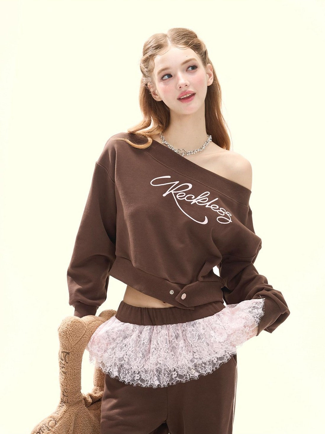 Girly Fancy Club Chocolate Brown Ruched Bow Hooded Zip Oversized Women's Cotton Tracksuit Sets