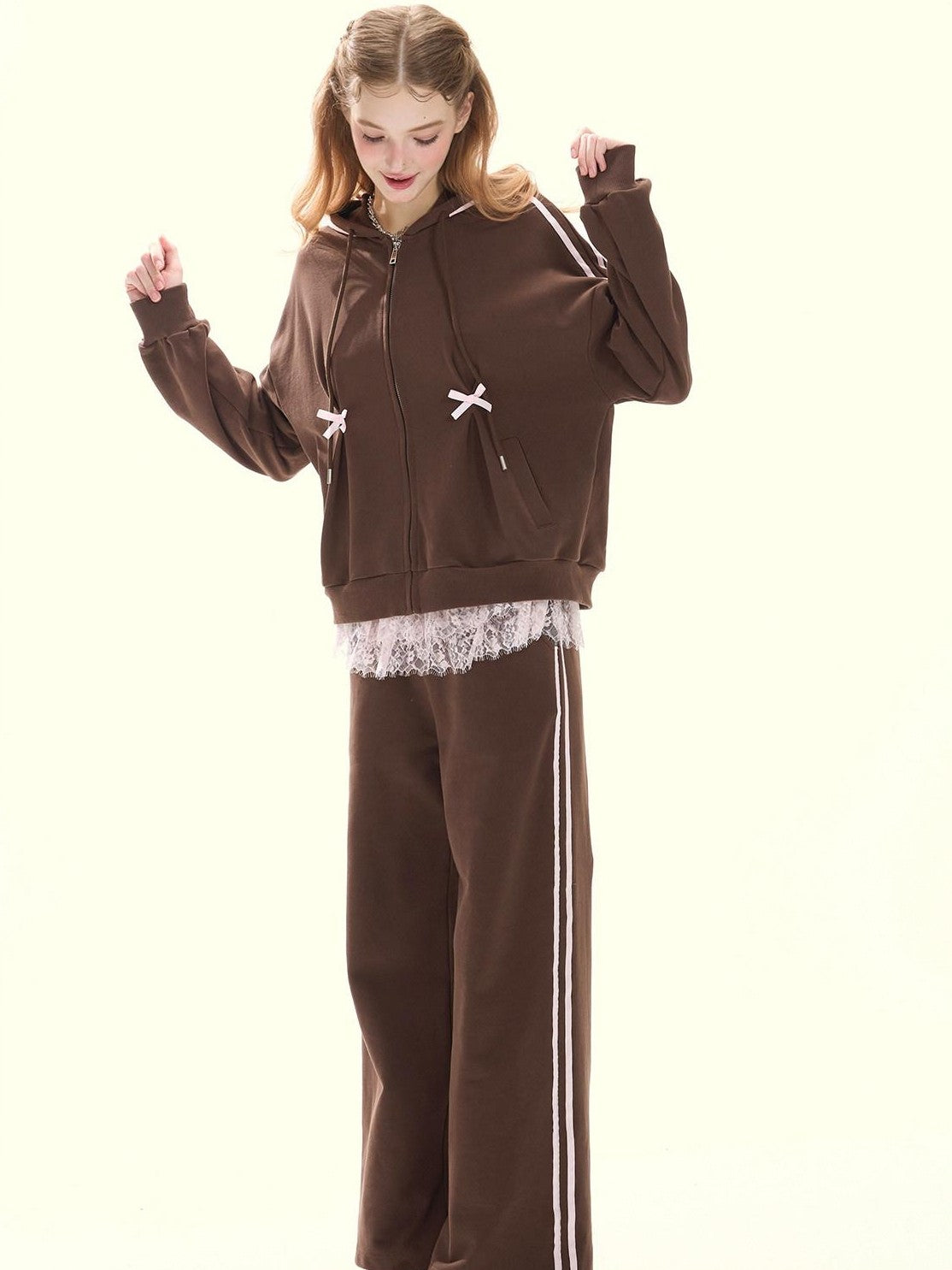 Girly Fancy Club Chocolate Brown Ruched Bow Hooded Zip Oversized Women's Cotton Tracksuit Sets