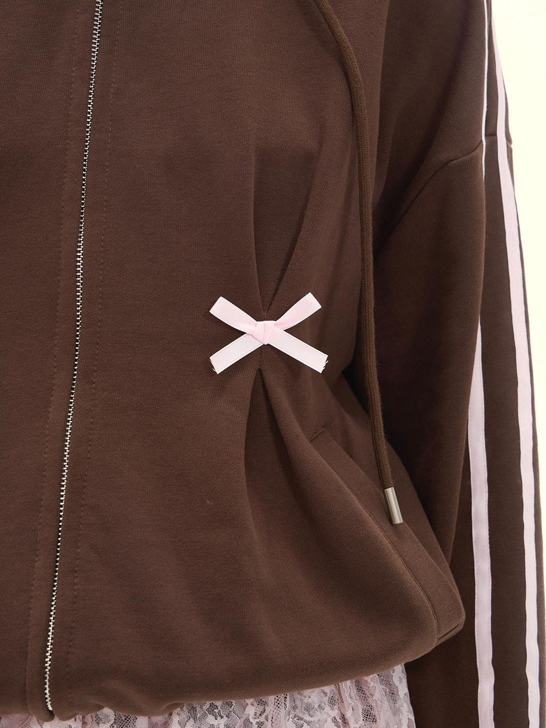 Girly Fancy Club Chocolate Brown Ruched Bow Hooded Zip Oversized Women's Cotton Tracksuit Sets