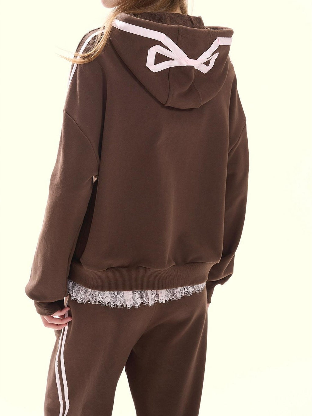 Girly Fancy Club Chocolate Brown Ruched Bow Hooded Zip Oversized Women's Cotton Tracksuit Sets