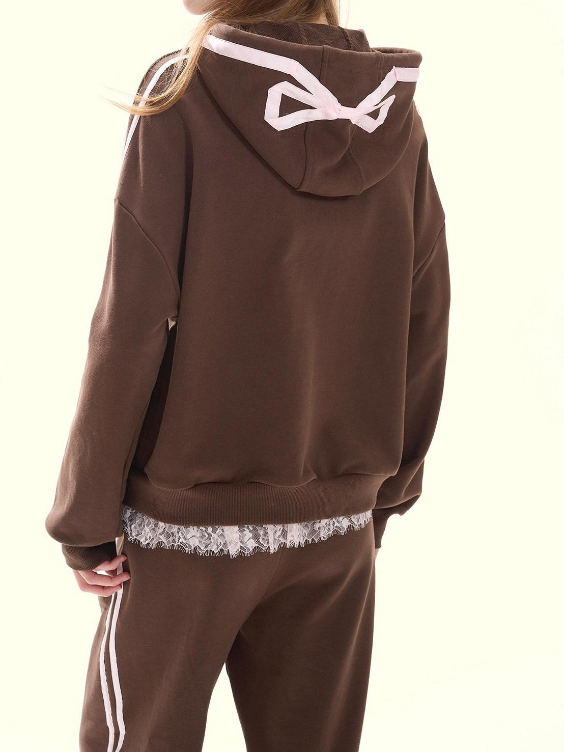 Girly Fancy Club Chocolate Brown Ruched Bow Hooded Zip Oversized Women's Cotton Tracksuit Sets