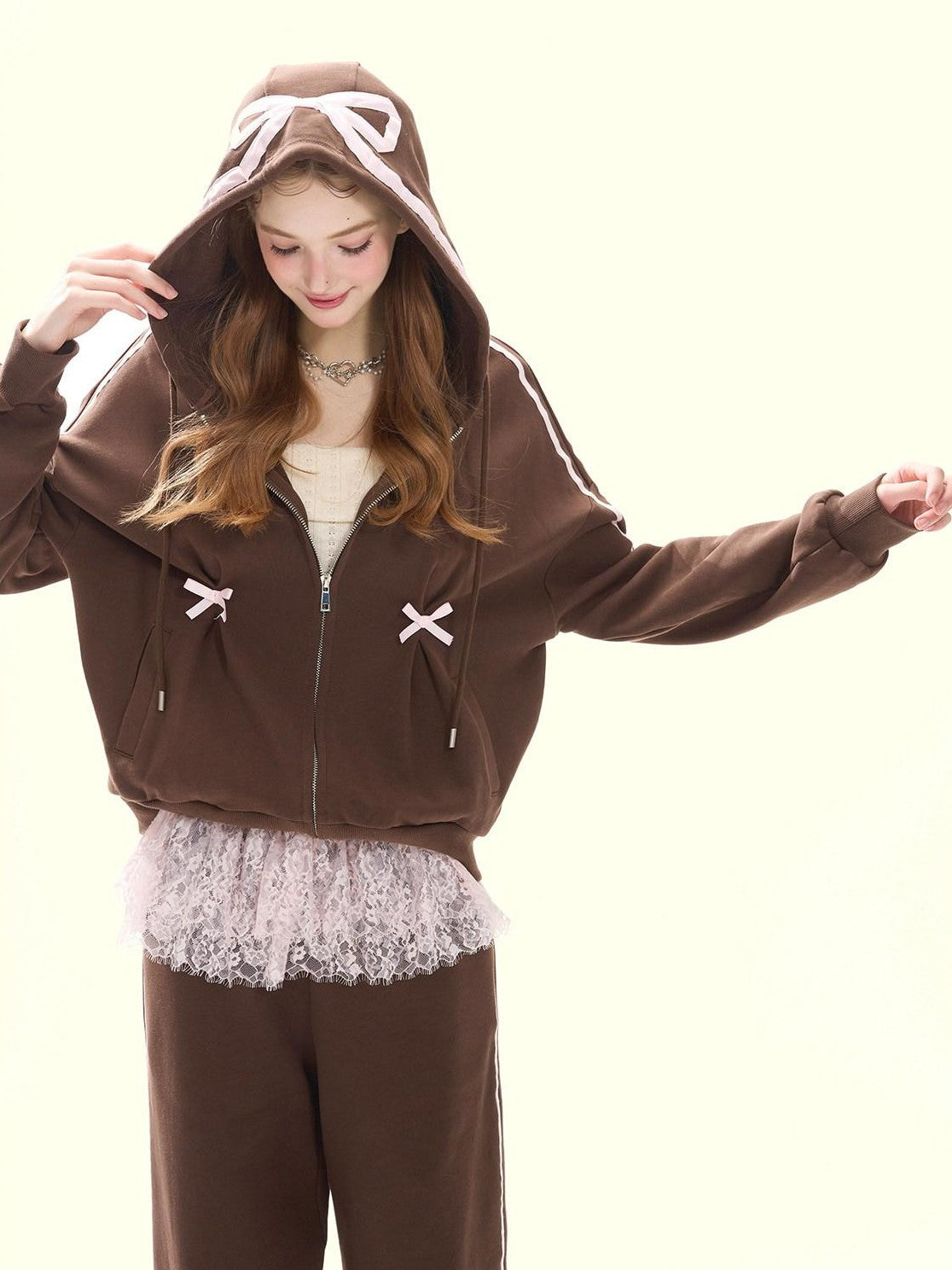 Girly Fancy Club Chocolate Brown Ruched Bow Hooded Zip Oversized Women's Cotton Tracksuit Sets