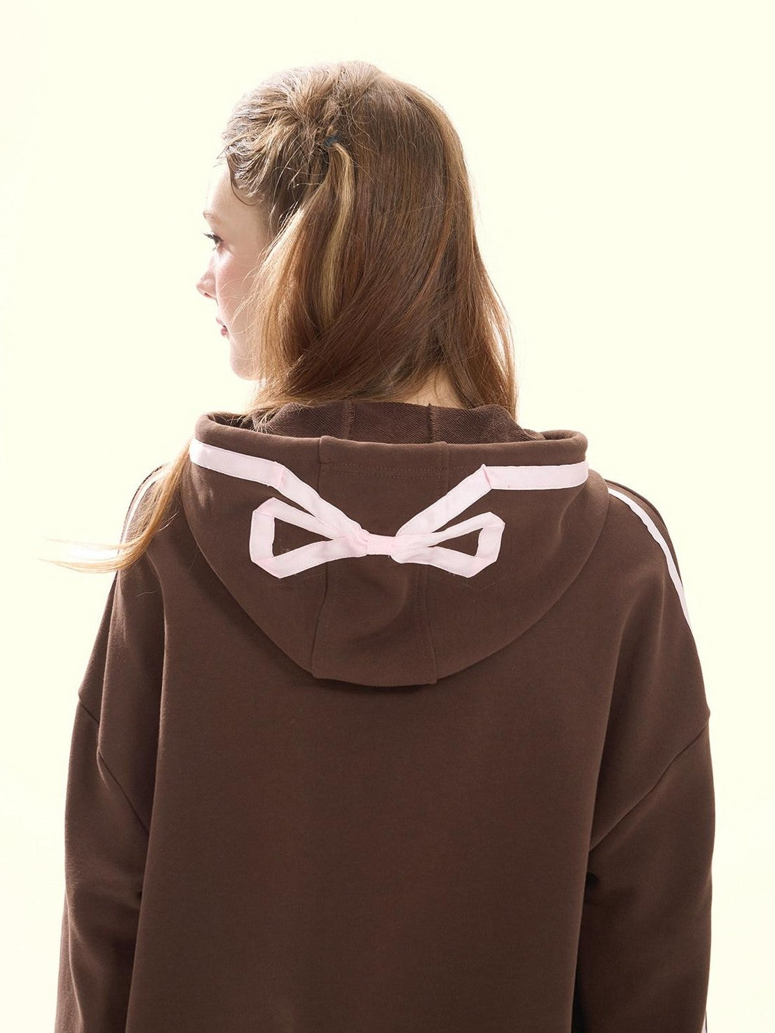 Girly Fancy Club Chocolate Brown Ruched Bow Hooded Zip Oversized Women's Cotton Tracksuit Sets