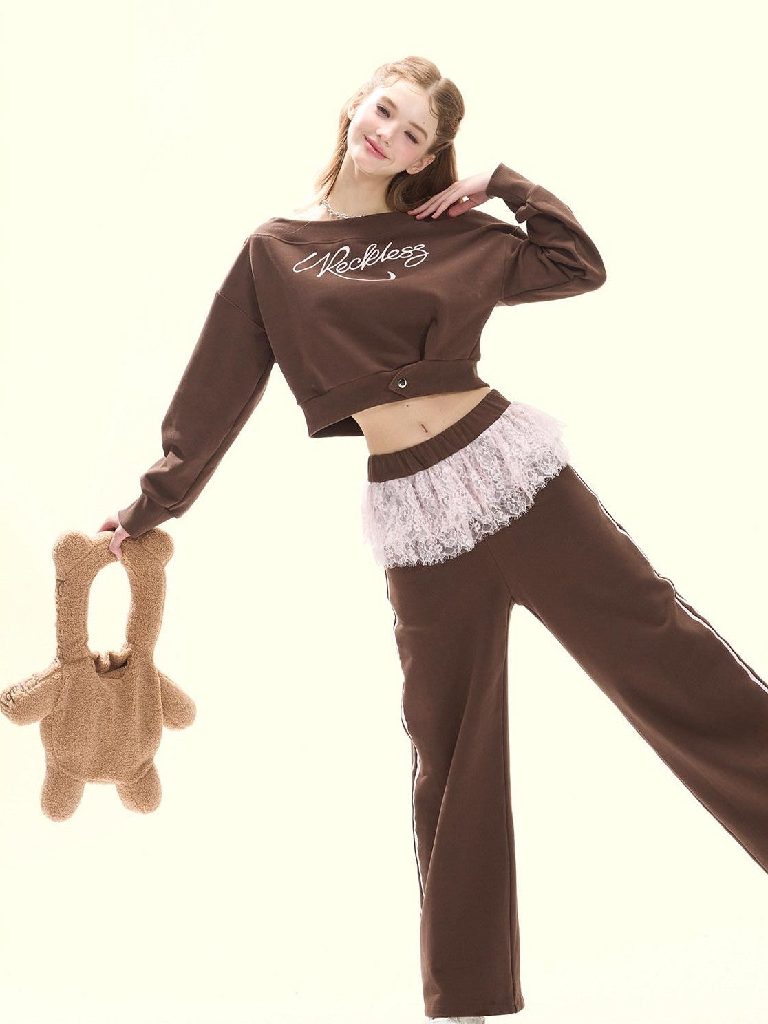 Girly Fancy Club Chocolate Brown Ruched Bow Hooded Zip Oversized Women's Cotton Tracksuit Sets