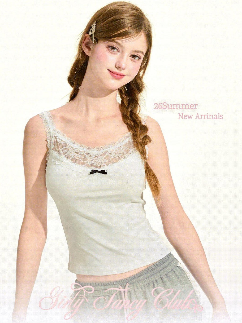 Girly Fancy Club Cloud White Lace Spliced Cropped U Neck Slim Fit Women's Lyocell Camisoles