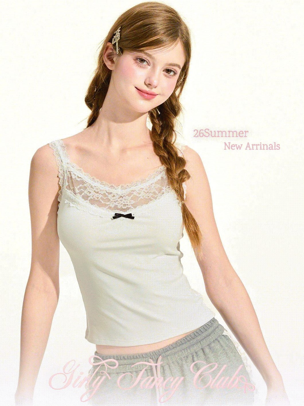 Girly Fancy Club Cloud White Lace Spliced Cropped U Neck Slim Fit Women's Lyocell Camisoles