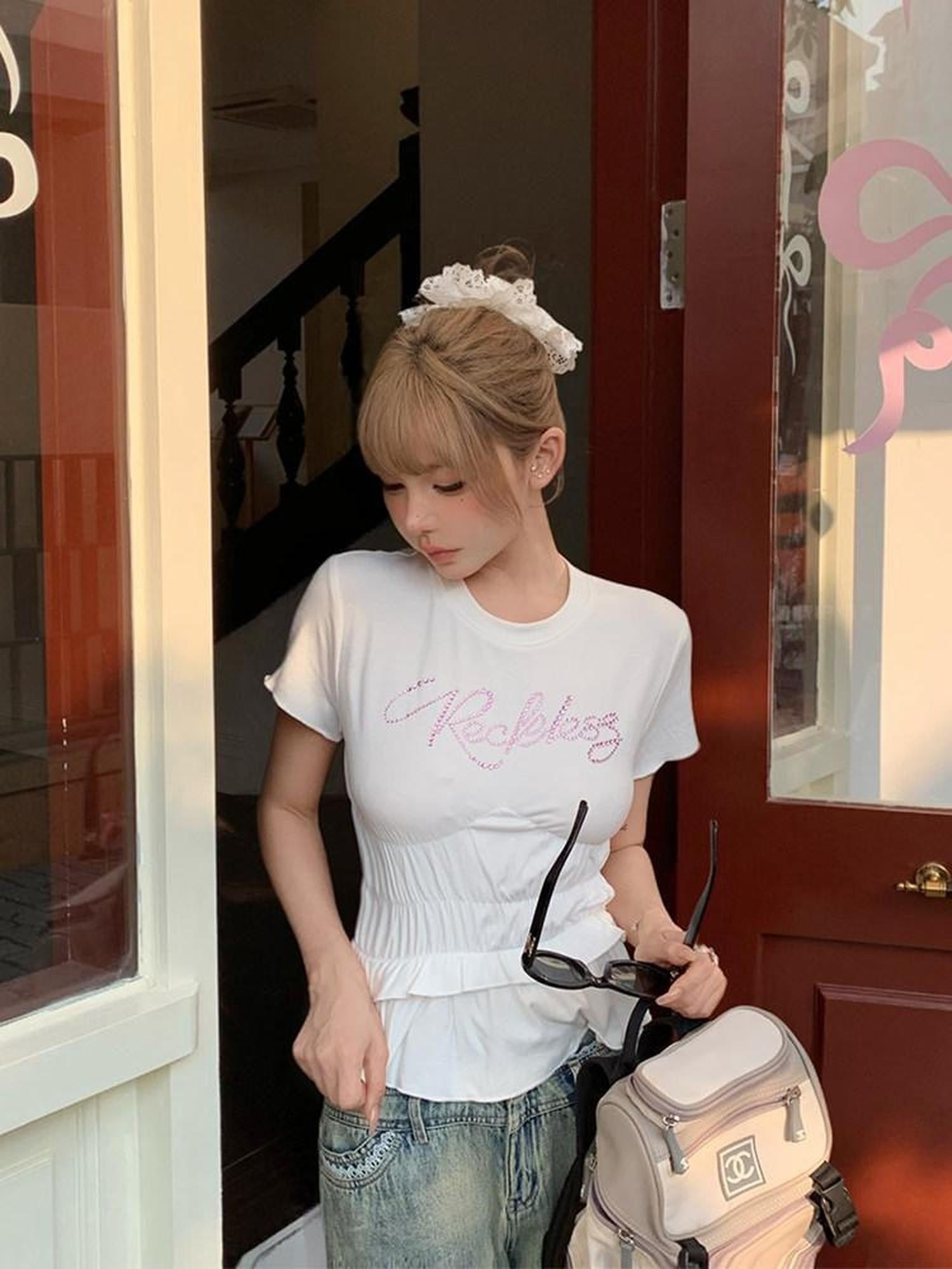 Girly Fancy Club Colored Rhinestone Ruched Waist Women's Knit Short Sleeve T-shirts