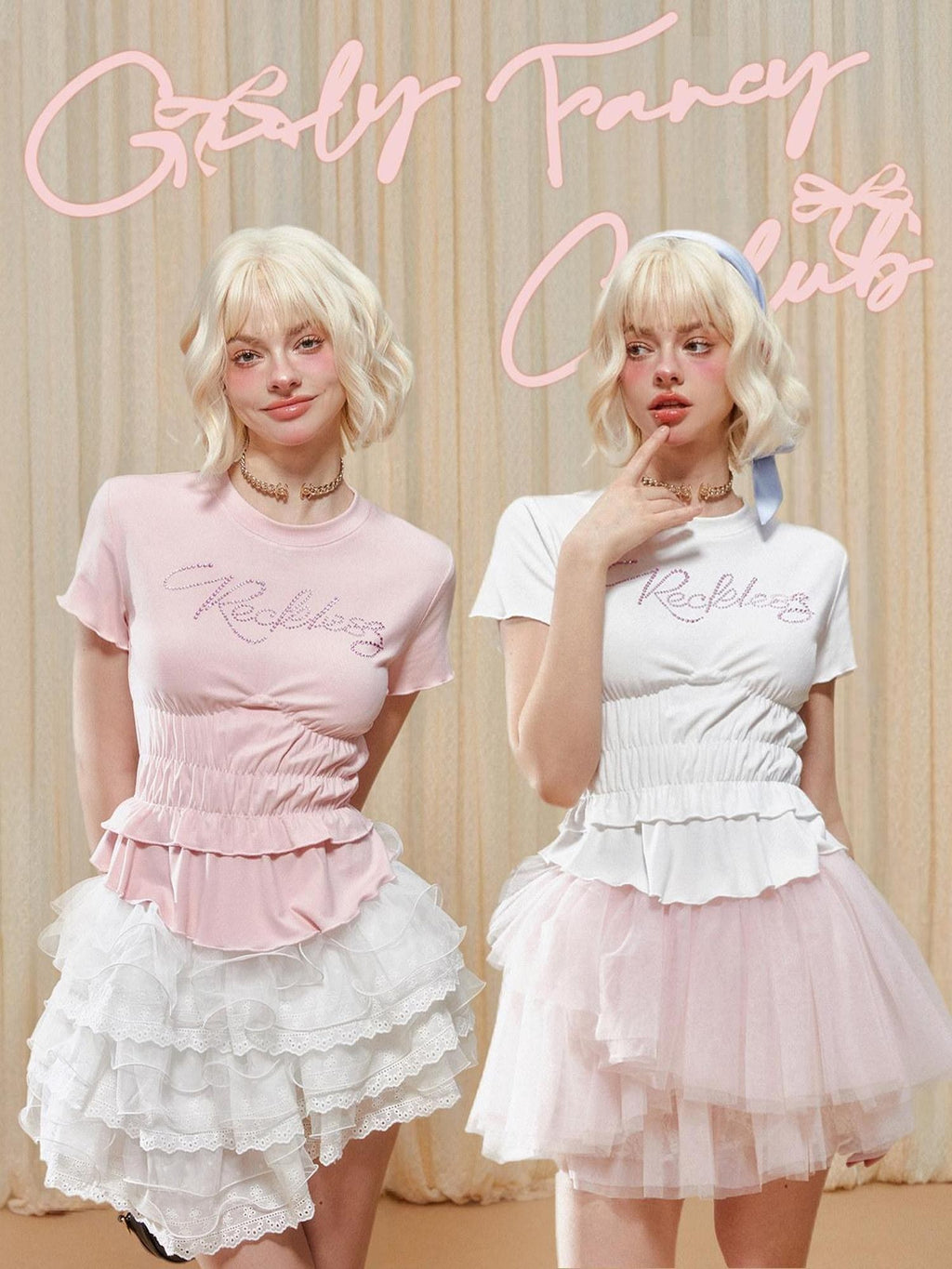 Girly Fancy Club Colored Rhinestone Ruched Waist Women's Knit Short Sleeve T-shirts