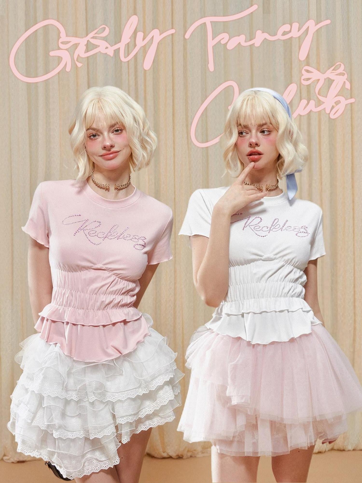Girly Fancy Club Colored Rhinestone Ruched Waist Women's Knit Short Sleeve T-shirts