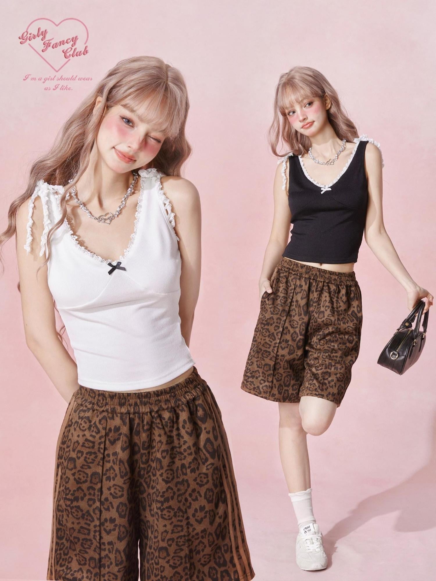 Girly Fancy Club Coquette Lace Trim Tie Double V-neck Women's Knitted Polyester Tank Tops