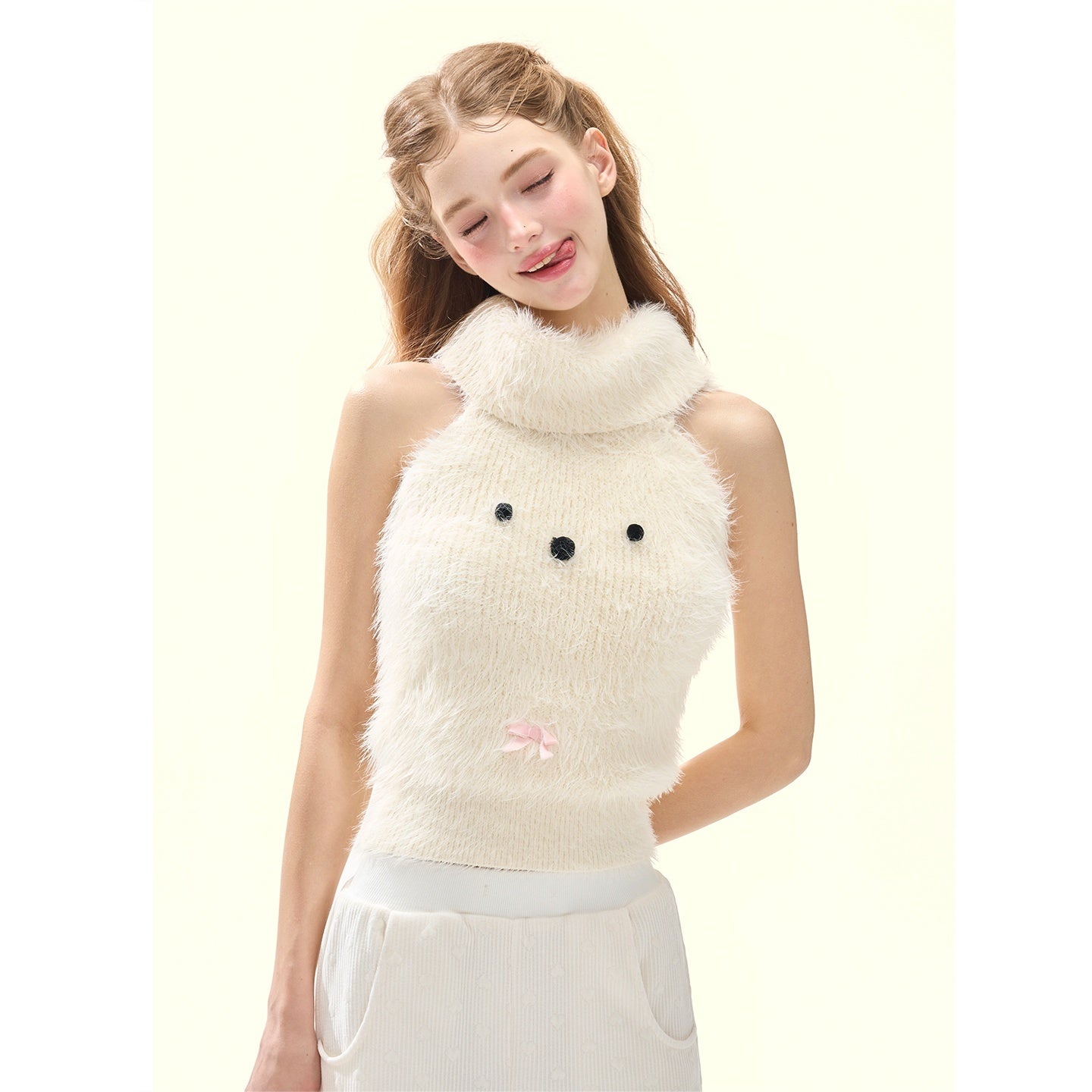 Girly_Fancy_Club_Cream_3d_Dog_Face_Knit_High_Neck_Cut_Shoulder_Women's_Viscose_Blend_Halter_Tops_976050255412_MISSTT