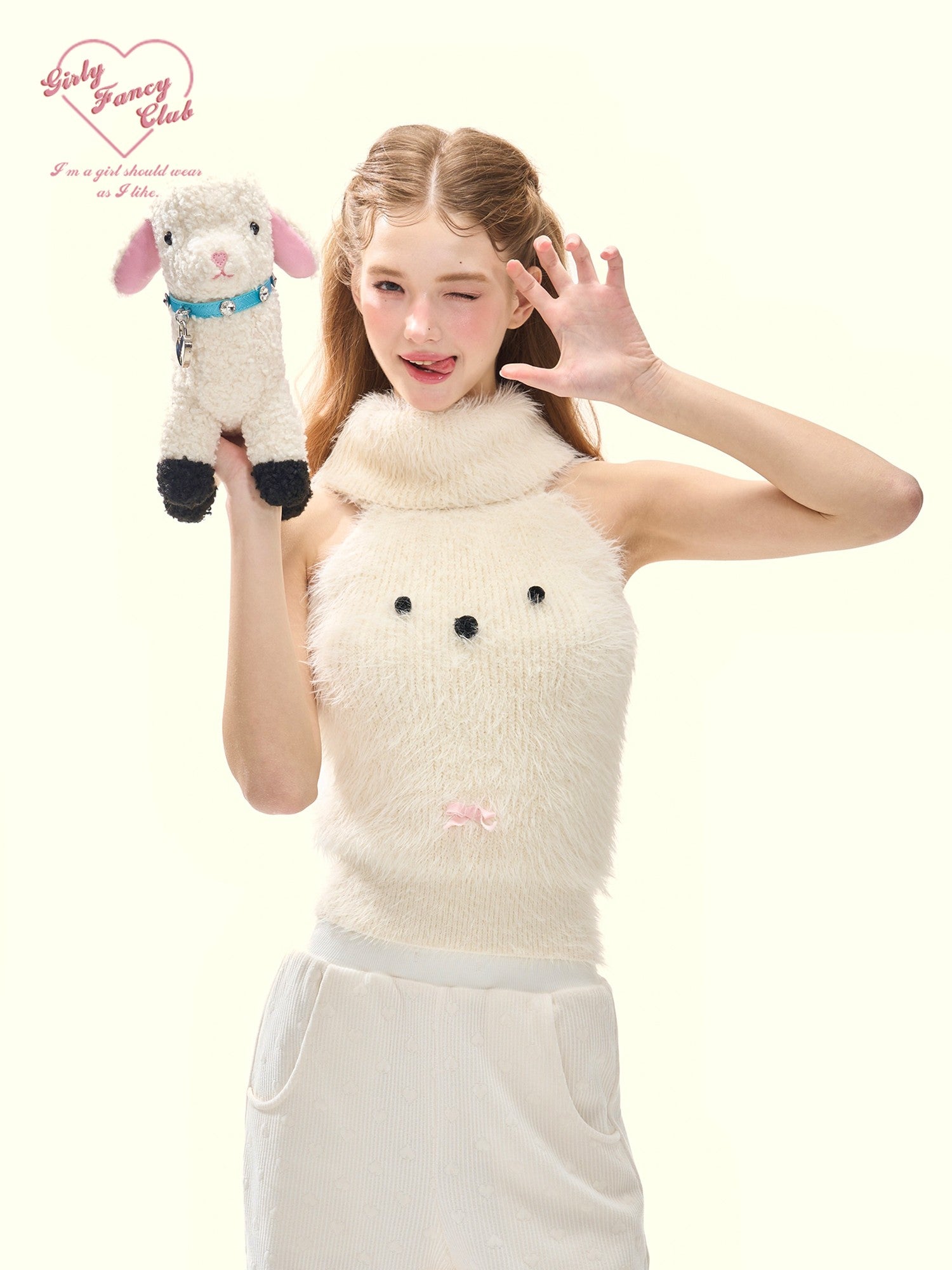 Girly Fancy Club Cream 3d Dog Face Knit High Neck Cut Shoulder Women's Viscose Blend Halter Tops